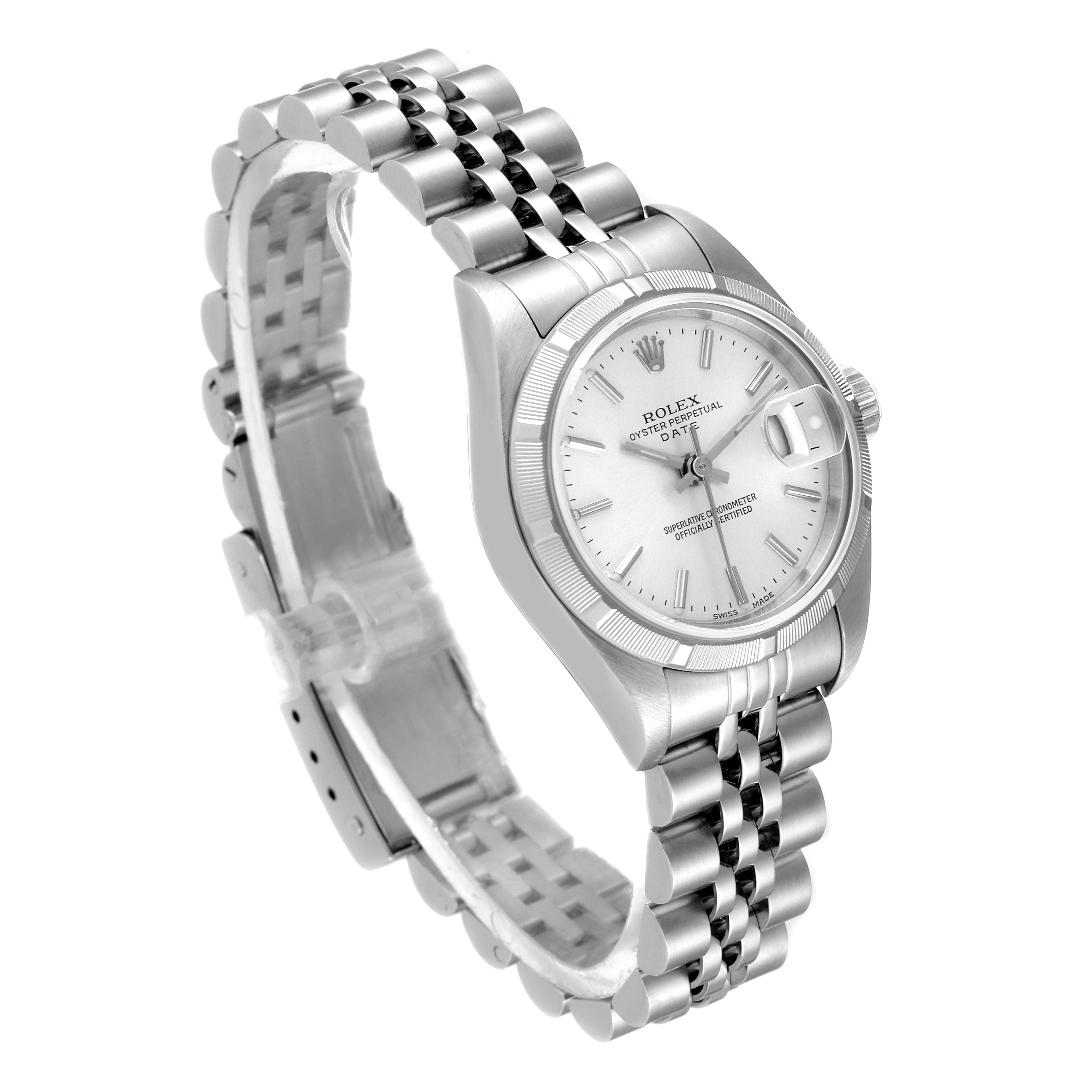 The image shows a Rolex Date 79190 Women's Stainless Steel Silver Dial 79190 Women's Stainless Steel Silver Dial model watch from an angled side view, highlighting the face, bezel, and the jubilee bracelet.