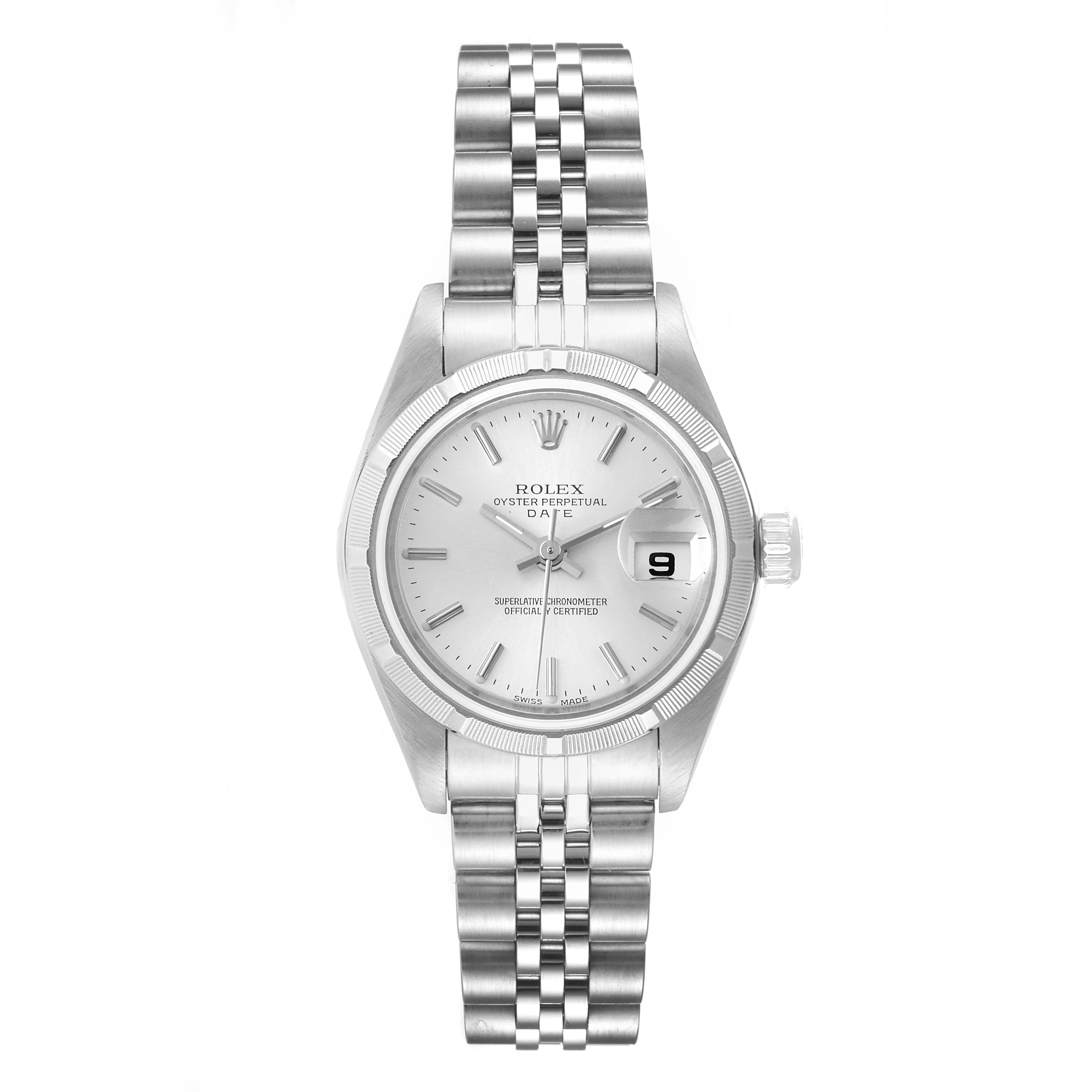 The image shows a front view of a Rolex Date 79190 Women's Stainless Steel Silver Dial 79190 Women's Stainless Steel Silver Dial model watch, displaying the face, bracelet, and bezel.