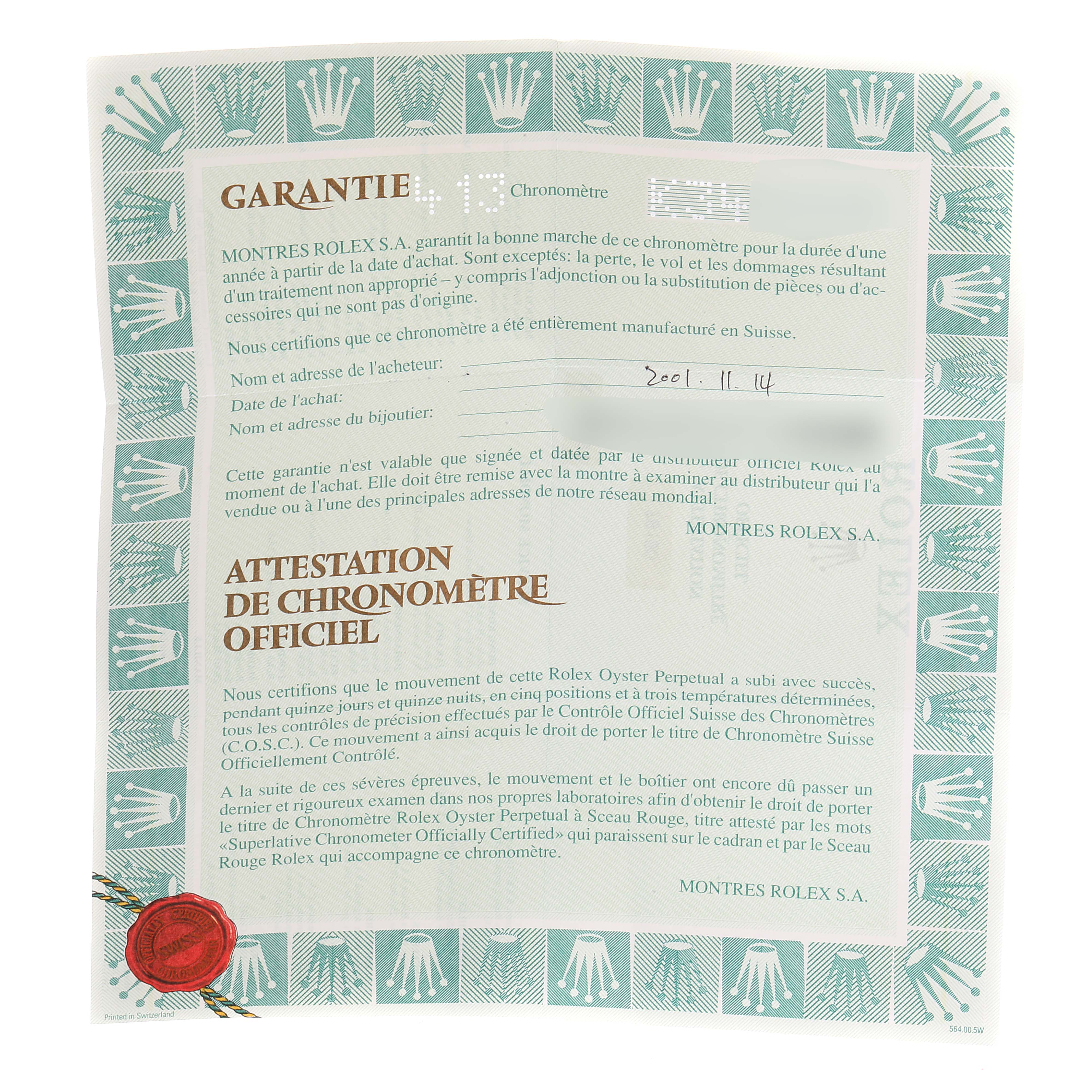 The image shows the warranty and certification document for a Rolex Date 79190 Women's Stainless Steel Silver Dial 79190 Women's Stainless Steel Silver Dial model.