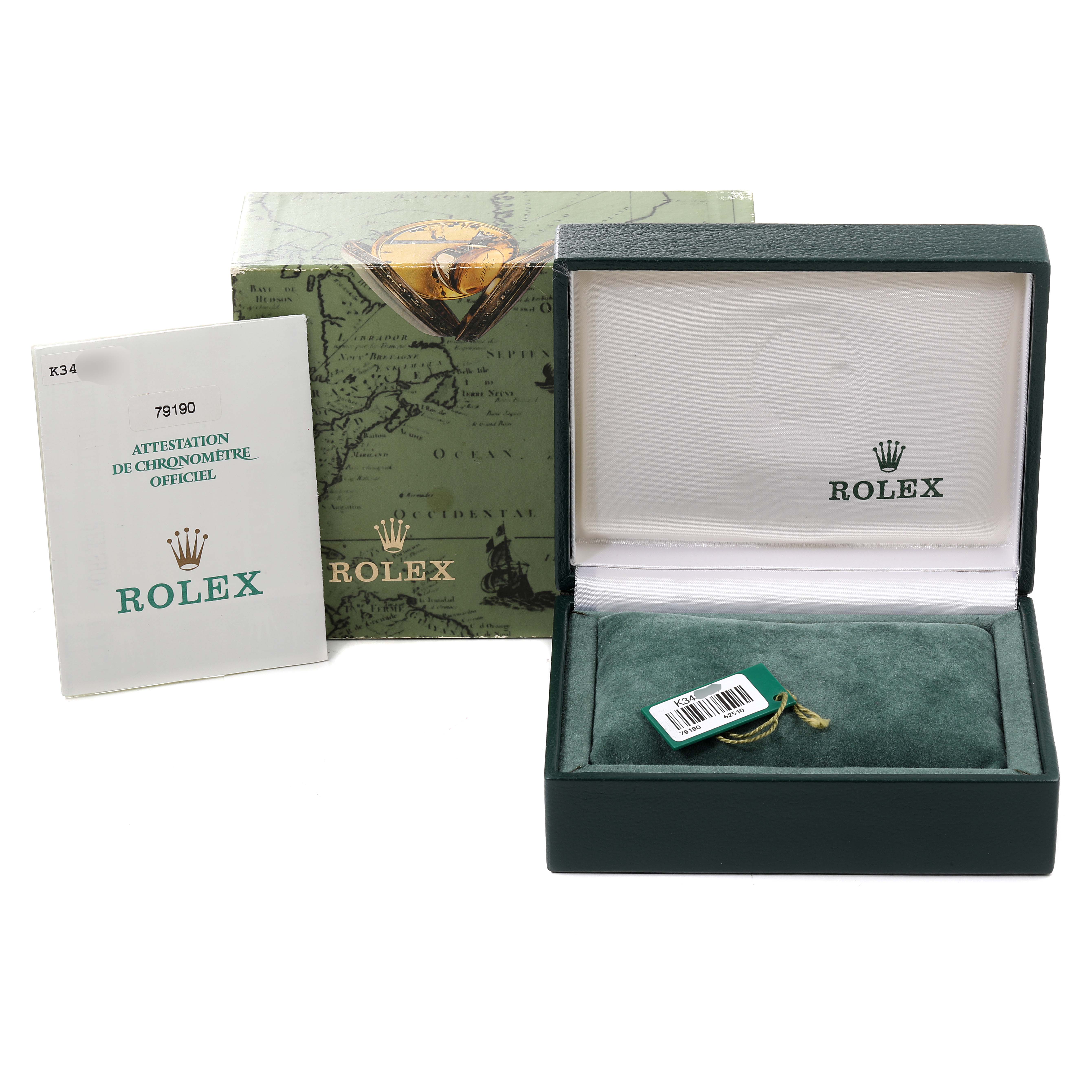 The image shows a Rolex Date 79190 Women's Stainless Steel Silver Dial 79190 Women's Stainless Steel Silver Dial model watch box, an official chronometer certificate, and a hangtag from a front angle.
