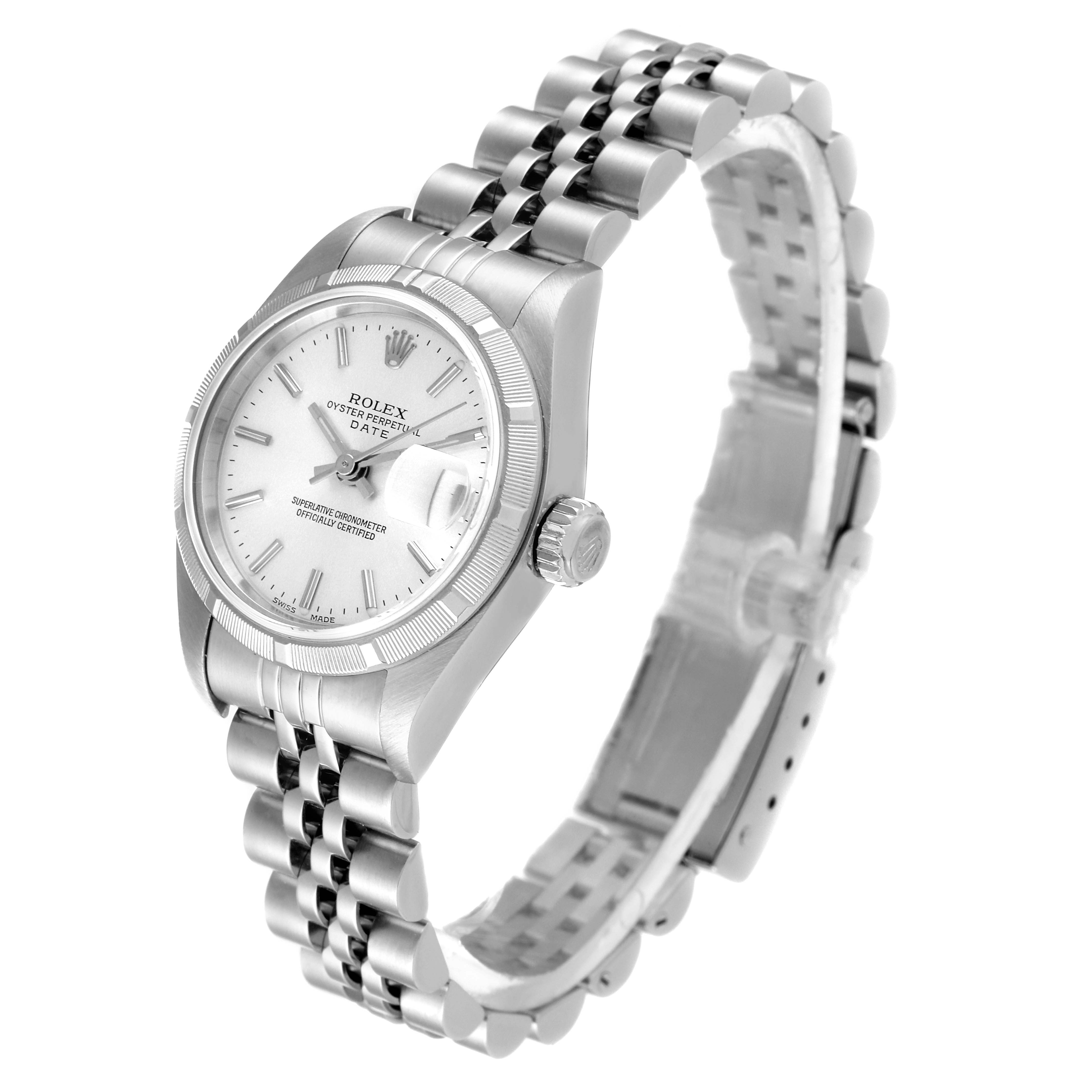 The Rolex Date 79190 Women's Stainless Steel Silver Dial 79190 Women's Stainless Steel Silver Dial watch is shown at a slight angle, displaying its face, bezel, crown, and Jubilee bracelet.