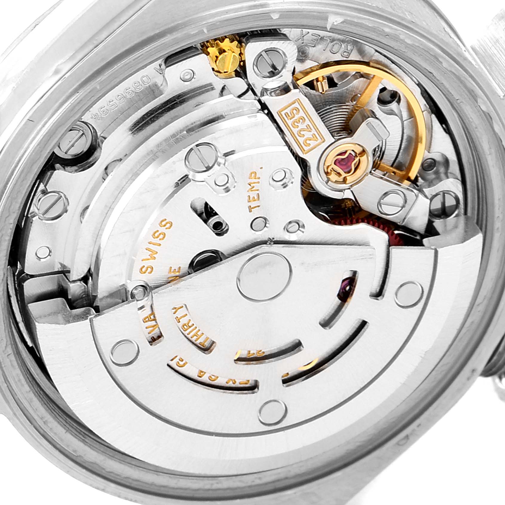 This image shows the movement and inner mechanisms of a Rolex Date 79190 Women's Stainless Steel Silver Dial 79190 Women's Stainless Steel Silver Dial model watch from a close-up rear angle.