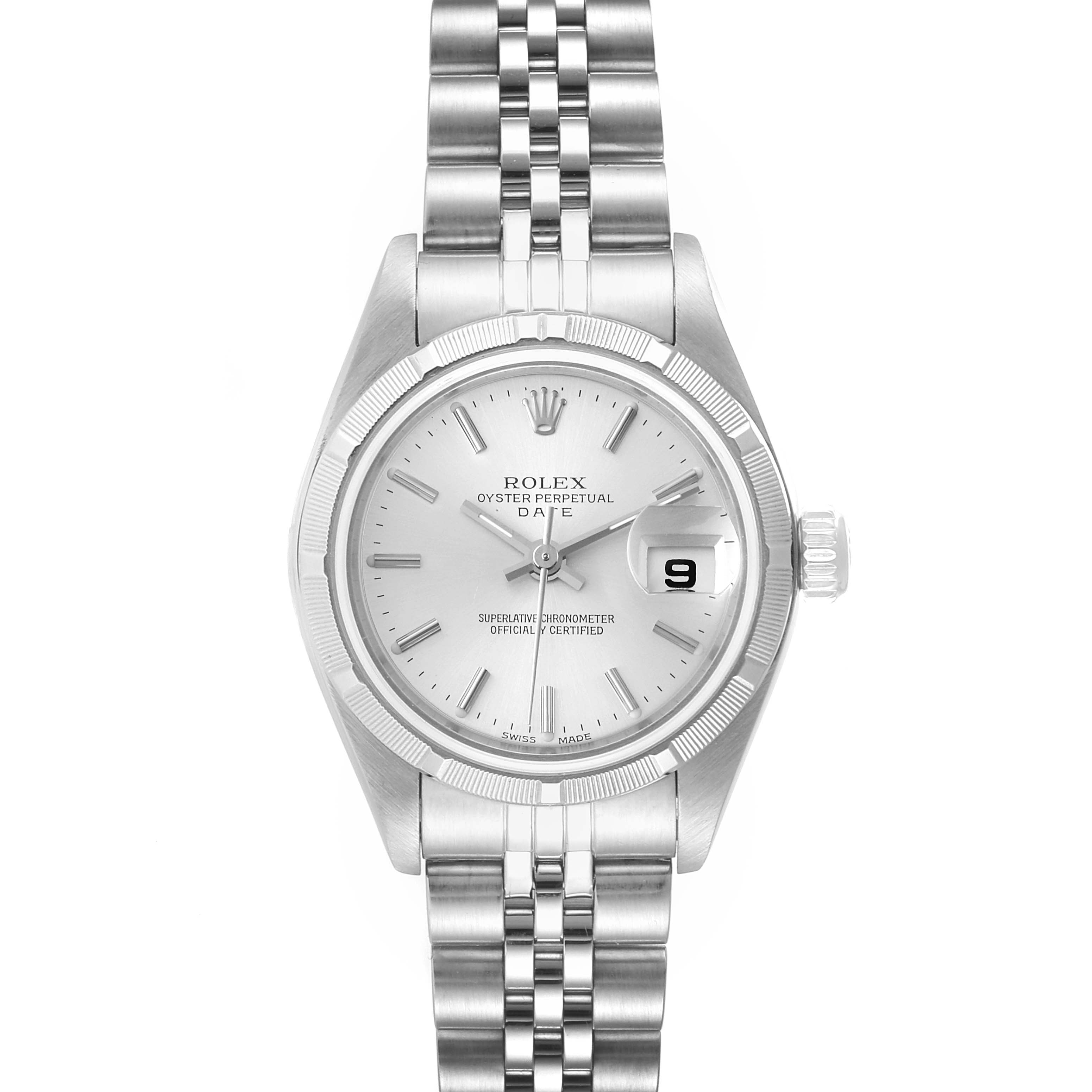 This image shows a front view of a Rolex Date 79190 Women's Stainless Steel Silver Dial 79190 Women's Stainless Steel Silver Dial model watch, highlighting the dial, bezel, and bracelet.