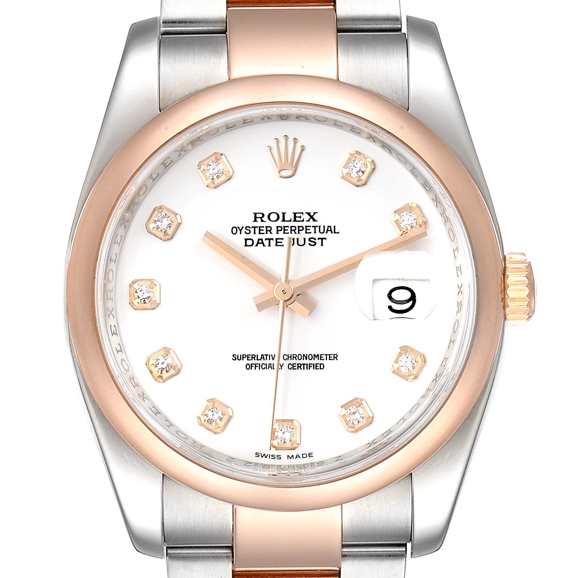 This image shows a frontal view of a Rolex Datejust 116201 Men's Steel and Gold (two tone) White Dial 116201 Men's Steel and Gold (two tone) White Dial watch, highlighting the dial, hands, crown, and part of the bracelet.