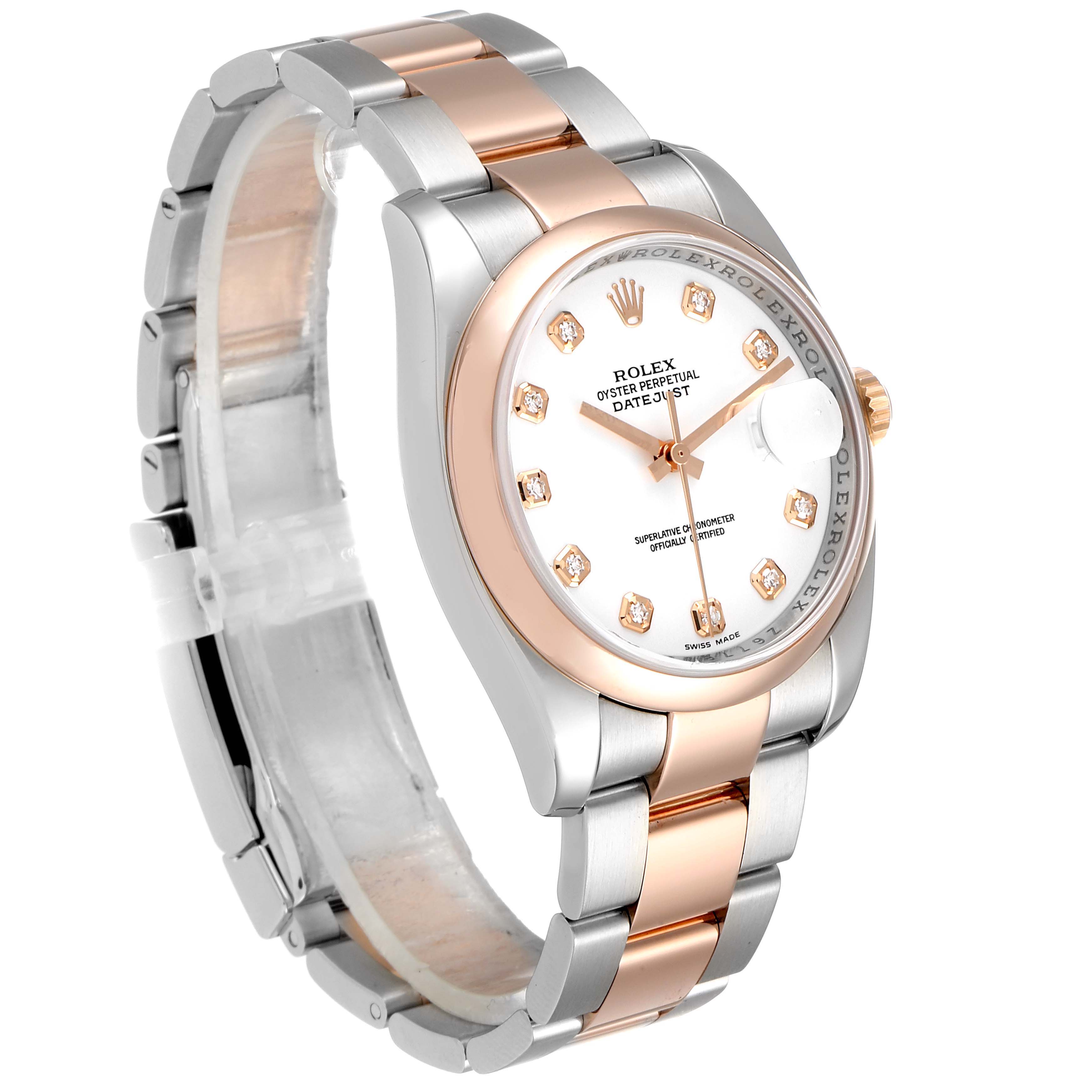 This Rolex Datejust 116201 Men's Steel and Gold (two tone) White Dial 116201 Men's Steel and Gold (two tone) White Dial model is shown at an angle highlighting the watch face, case, and two-tone bracelet.