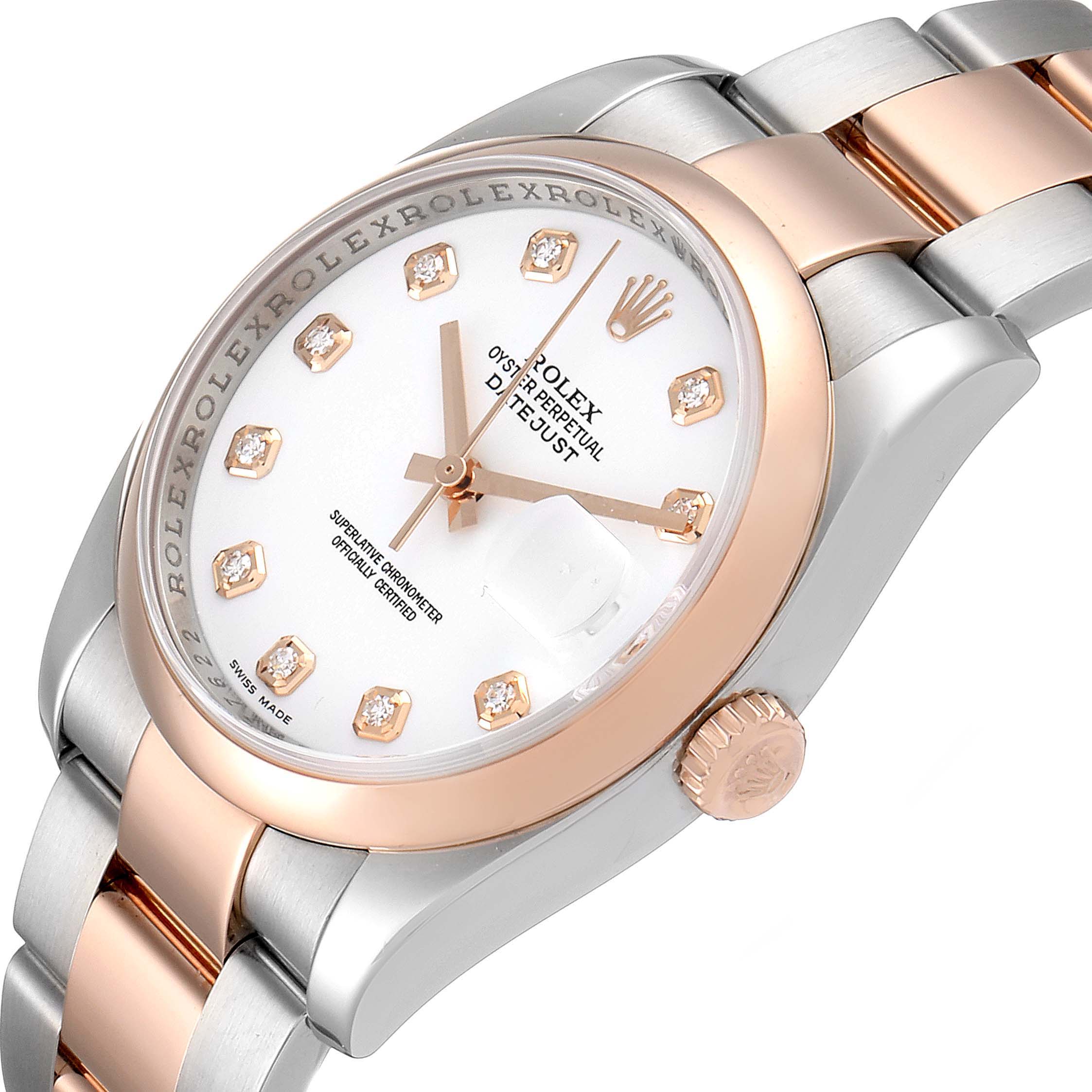 The image shows a close-up angled view of a Rolex Datejust 116201 Men's Steel and Gold (two tone) White Dial 116201 Men's Steel and Gold (two tone) White Dial watch highlighting the dial, bezel, crown, and bracelet.