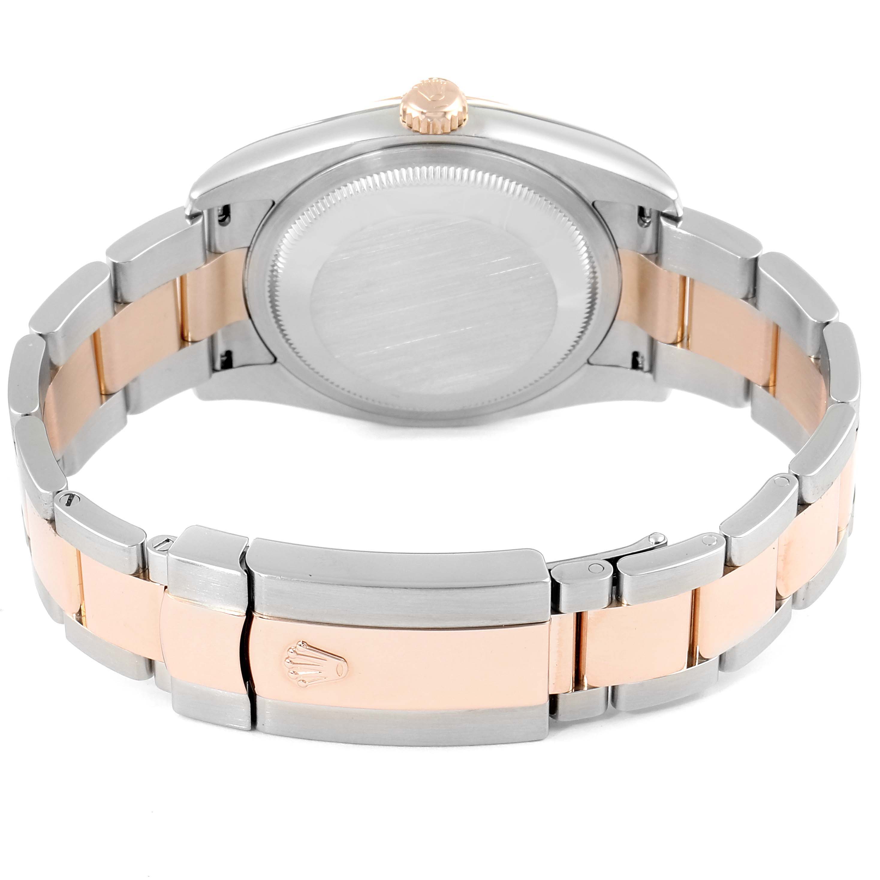 This image shows the back view of the Rolex Datejust 116201 Men's Steel and Gold (two tone) White Dial 116201 Men's Steel and Gold (two tone) White Dial watch, including the case back, crown, and two-tone bracelet with the clasp visible.