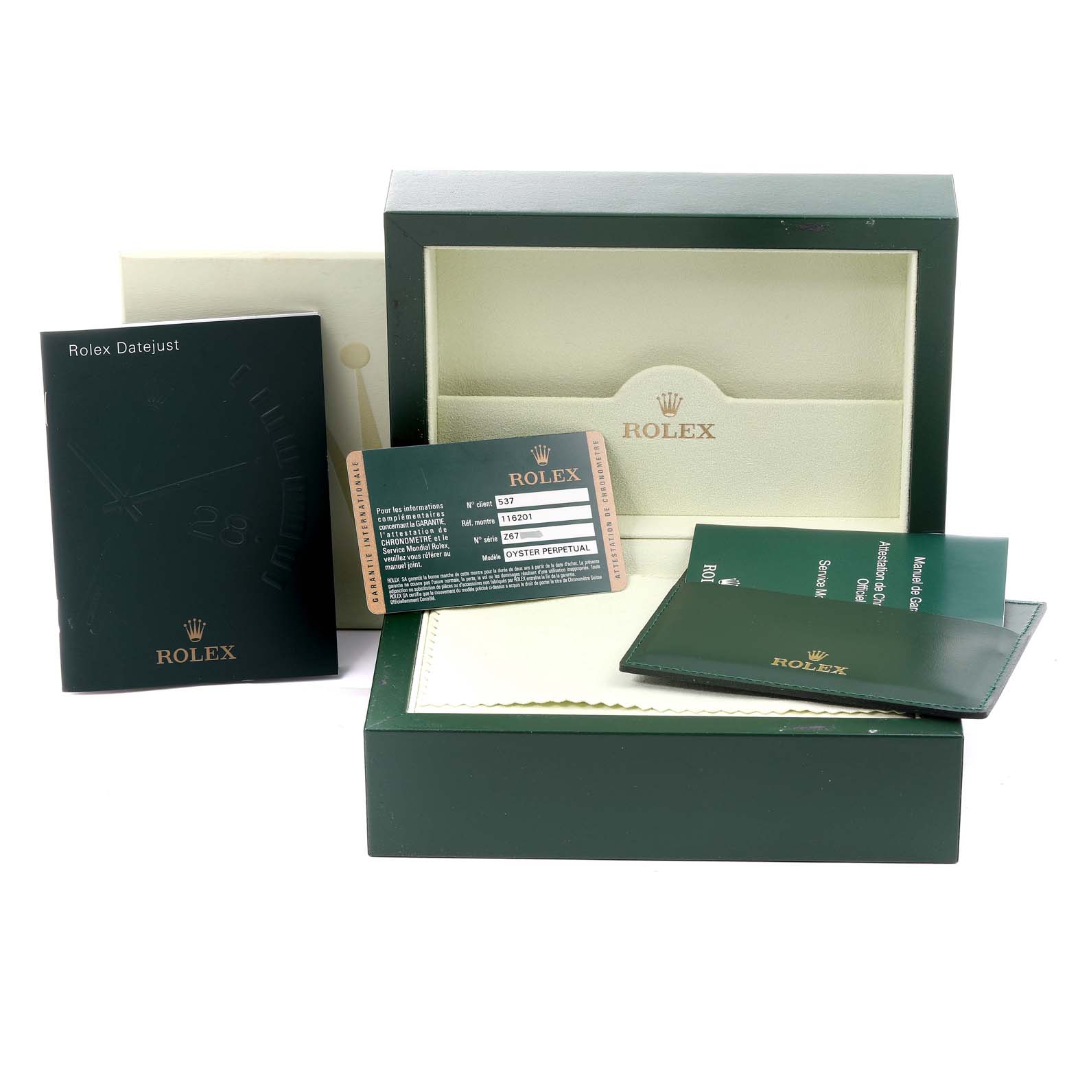 This image shows the packaging, documents, warranty card, and manual for the Rolex Datejust 116201 Men's Steel and Gold (two tone) White Dial 116201 Men's Steel and Gold (two tone) White Dial model.