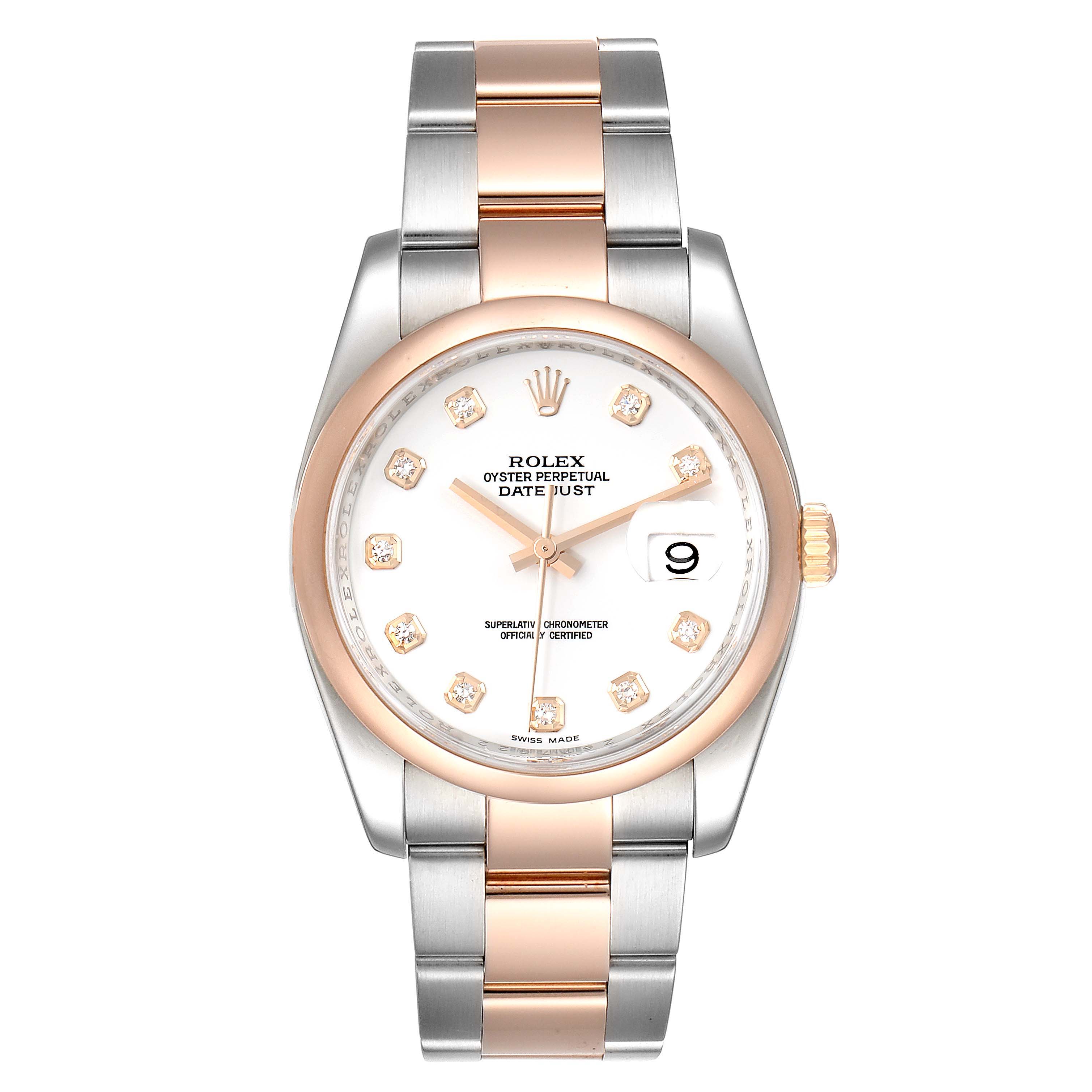 The Rolex Datejust 116201 Men's Steel and Gold (two tone) White Dial 116201 Men's Steel and Gold (two tone) White Dial watch is shown from a front angle, featuring its dial, bezel, and full bracelet.