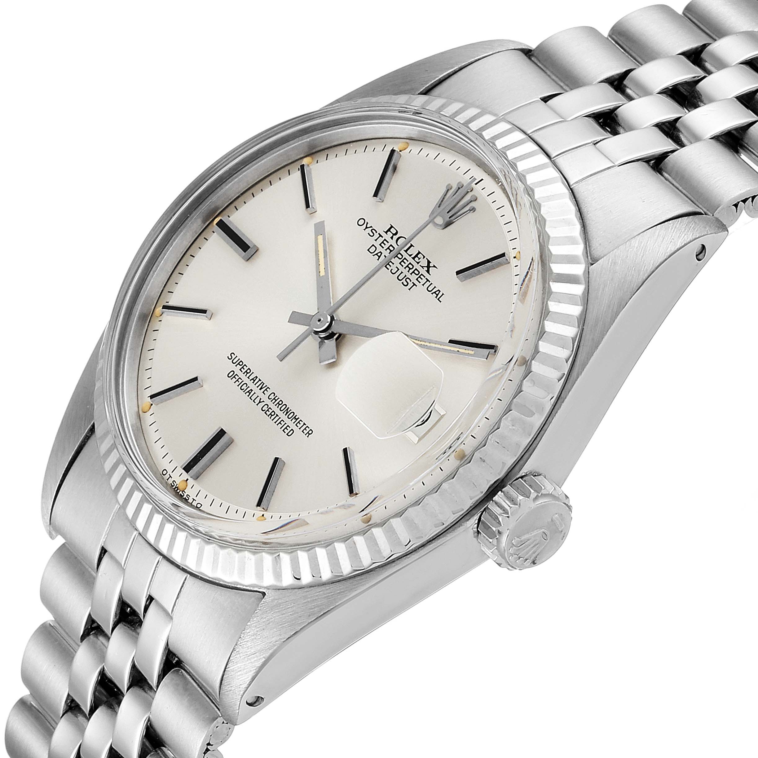 This image shows a Rolex Vintage Collection 1601 Men's Stainless Steel Silver Dial 1601 Men's Stainless Steel Silver Dial Oyster Perpetual Datejust watch angled from the side, highlighting the face, bezel, and part of the bracelet.
