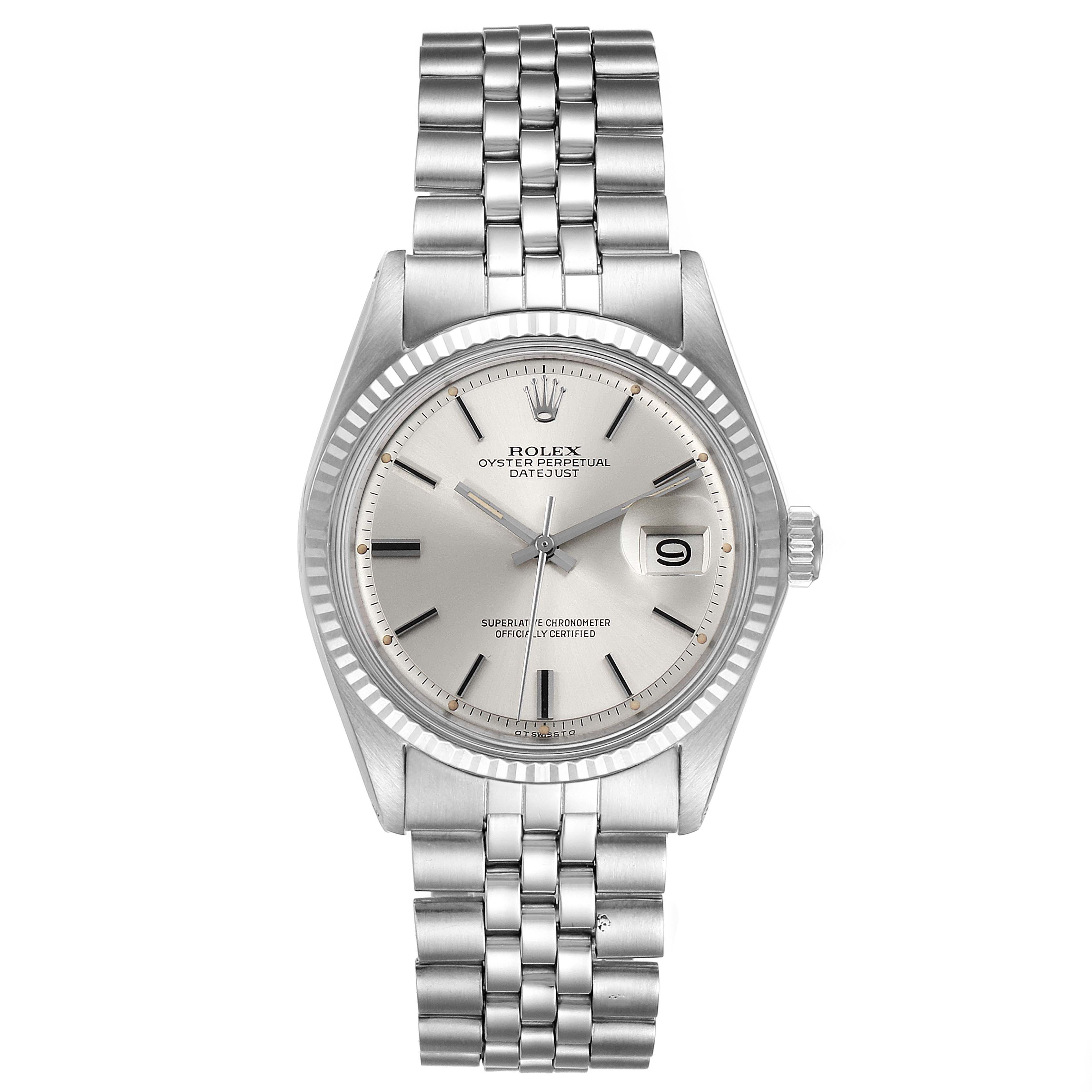 The image shows a front view of the Rolex Vintage Collection 1601 Men's Stainless Steel Silver Dial 1601 Men's Stainless Steel Silver Dial Oyster Perpetual Datejust watch, displaying its dial, bezel, and bracelet.