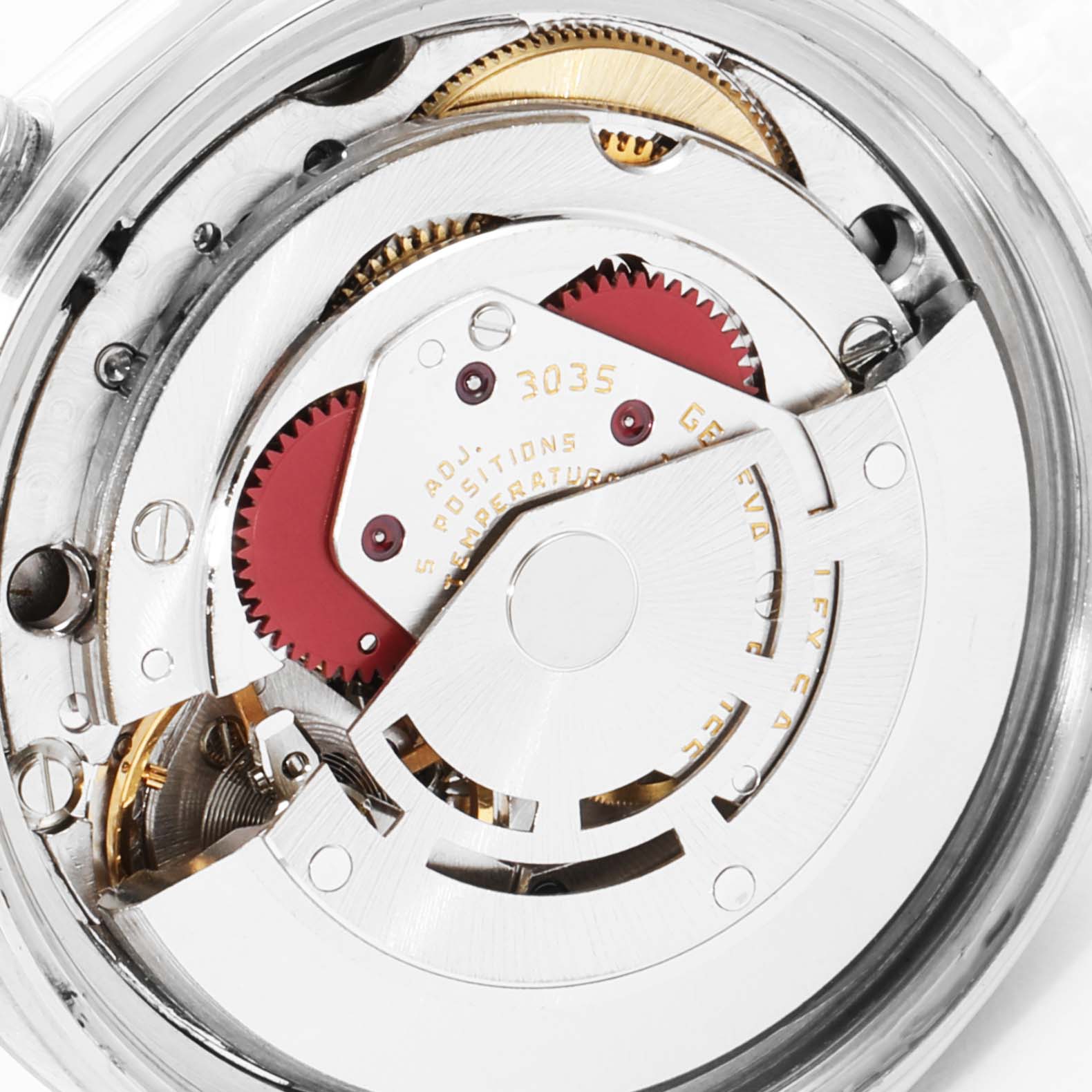 The image shows the intricate inner mechanisms and gears of the Rolex Vintage Collection 16014 Men
s Stainless Steel Silver Dial 16014 Men
s Stainless Steel Silver Dial watch, model 3035, viewed from the back.