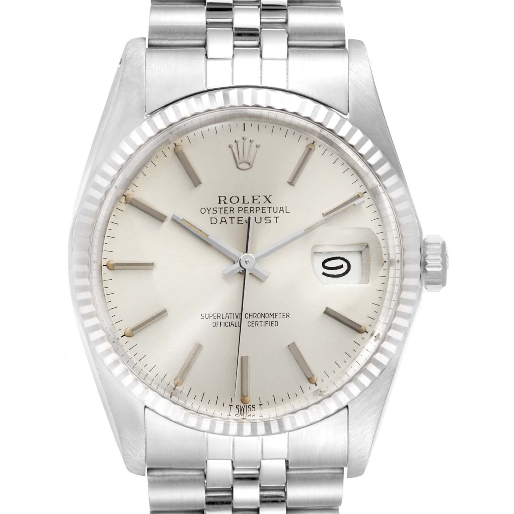 This image shows a close-up front view of the Rolex Vintage Collection 16014 Men
s Stainless Steel Silver Dial 16014 Men
s Stainless Steel Silver Dial Oyster Perpetual Datejust watch, highlighting its dial, bezel, and bracelet.