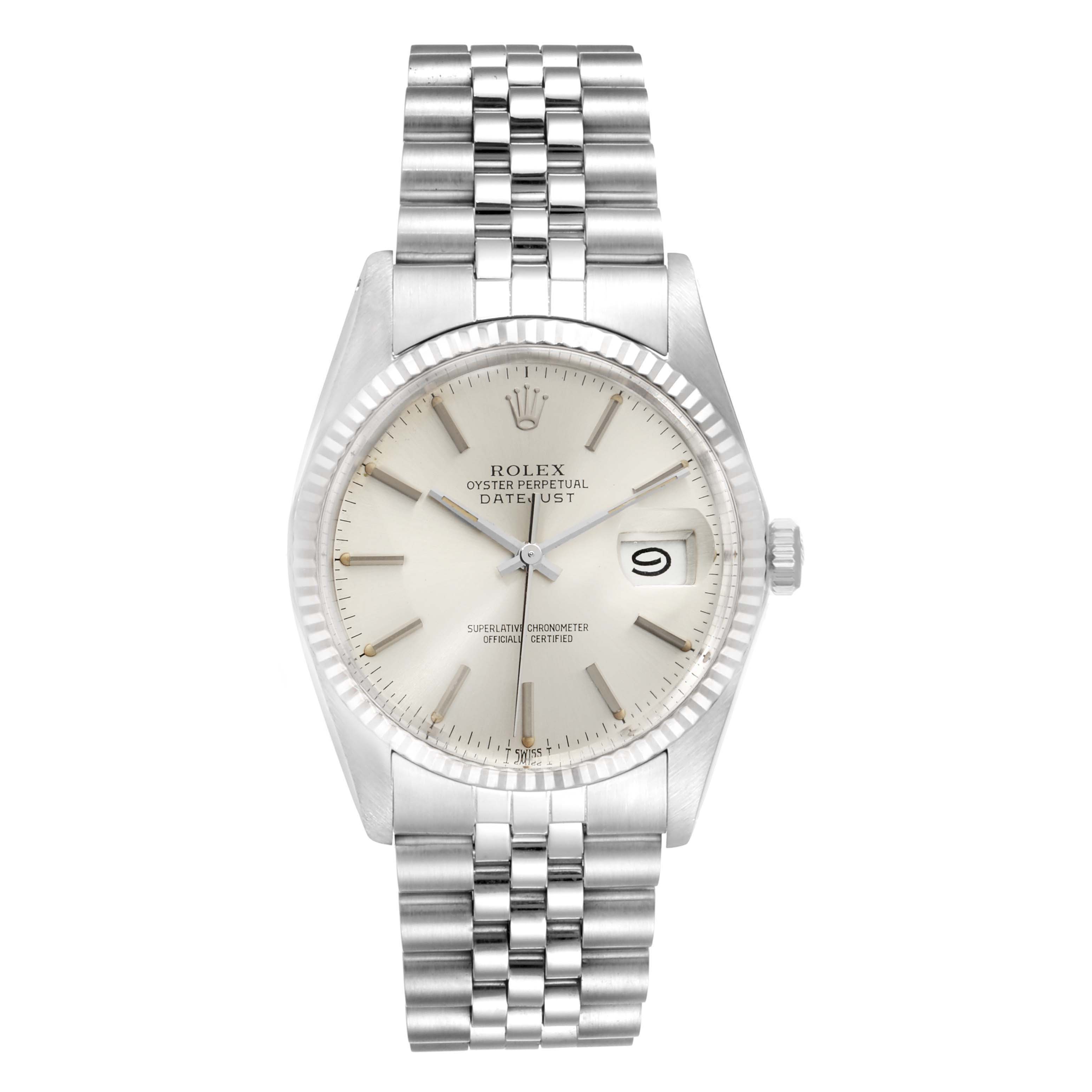 This image shows the front view of a Rolex Vintage Collection 16014 Men
s Stainless Steel Silver Dial 16014 Men
s Stainless Steel Silver Dial Datejust watch, showcasing its dial, bezel, crown, and bracelet.