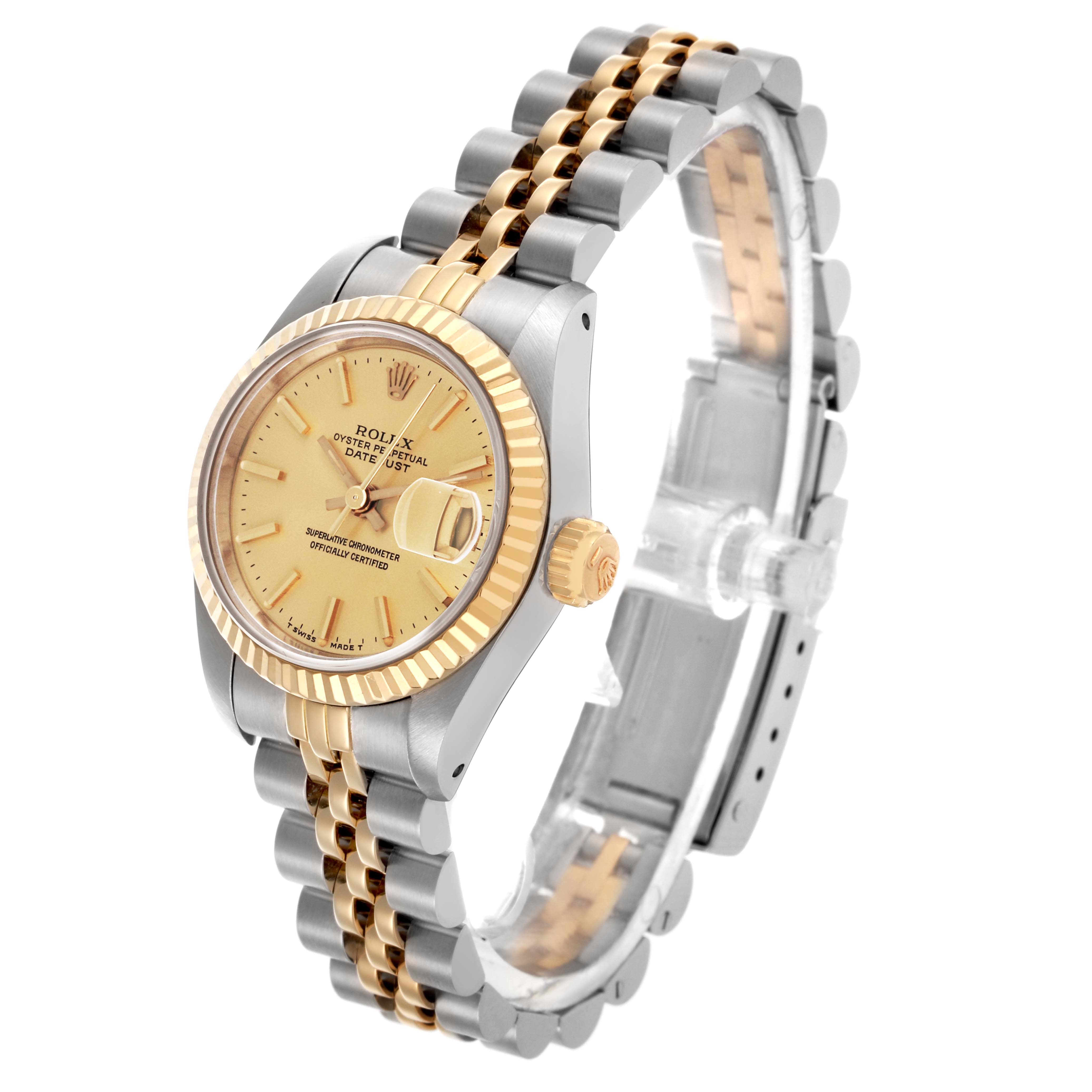The Rolex Datejust 69173 Women's Steel and Gold (two tone) Champagne Dial 69173 Women's Steel and Gold (two tone) Champagne Dial watch is shown at an angled view, highlighting the dial, bezel, and Jubilee bracelet.