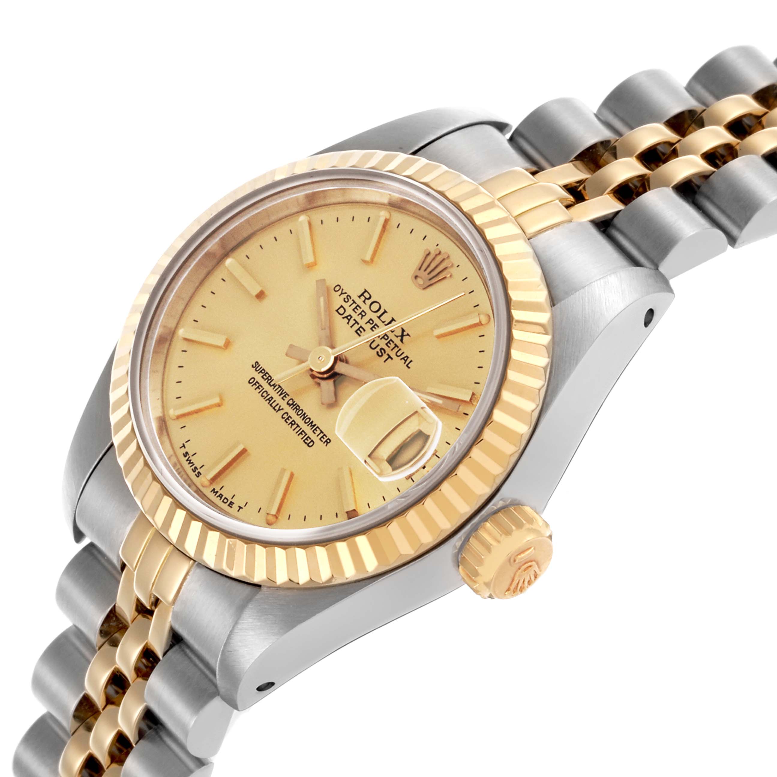 The Rolex Datejust 69173 Women's Steel and Gold (two tone) Champagne Dial 69173 Women's Steel and Gold (two tone) Champagne Dial watch is shown at an angle highlighting the face, bezel, crown, and part of the bracelet.