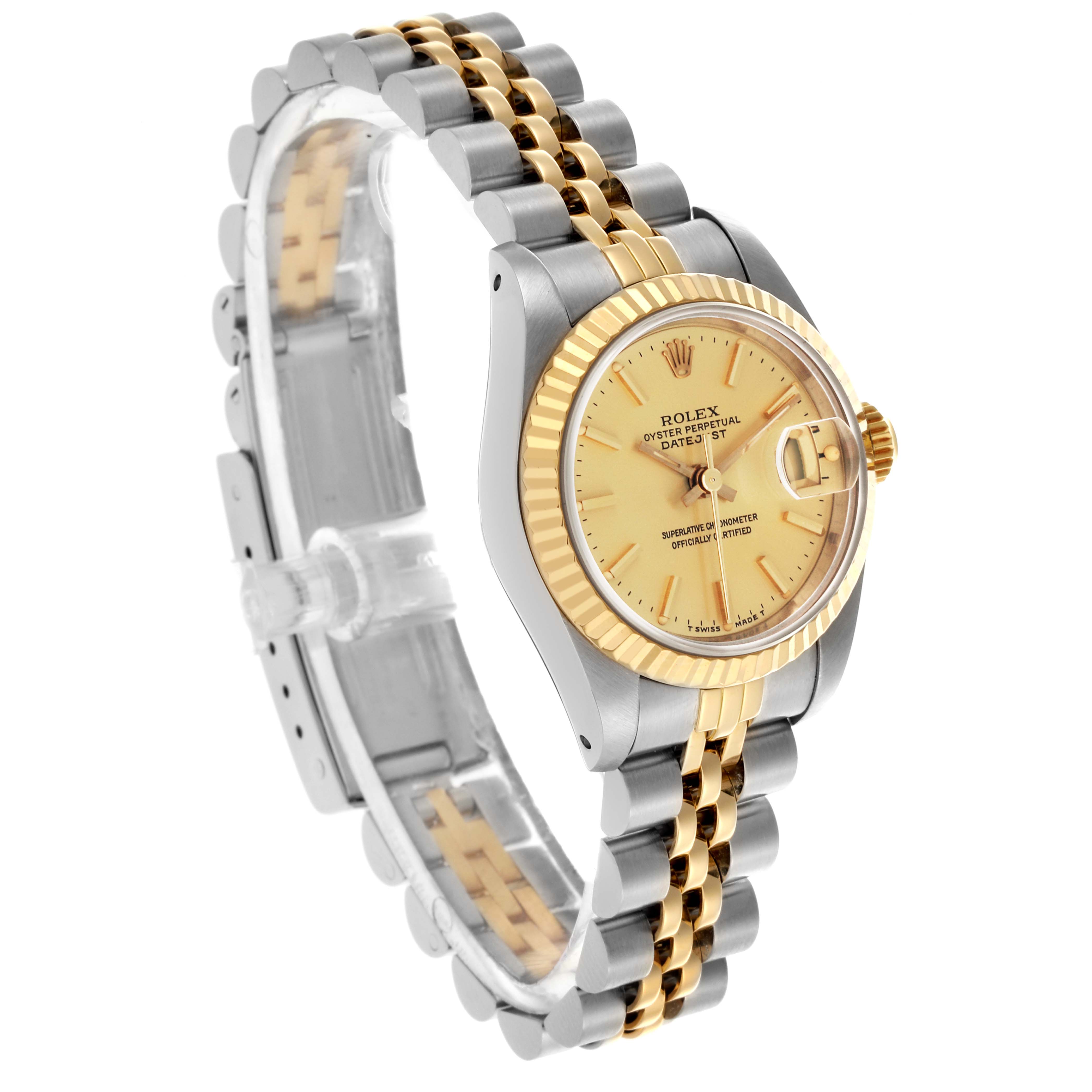 The Rolex Datejust 69173 Women's Steel and Gold (two tone) Champagne Dial 69173 Women's Steel and Gold (two tone) Champagne Dial watch is shown at a three-quarter angle, highlighting the dial, bezel, and two-tone bracelet.