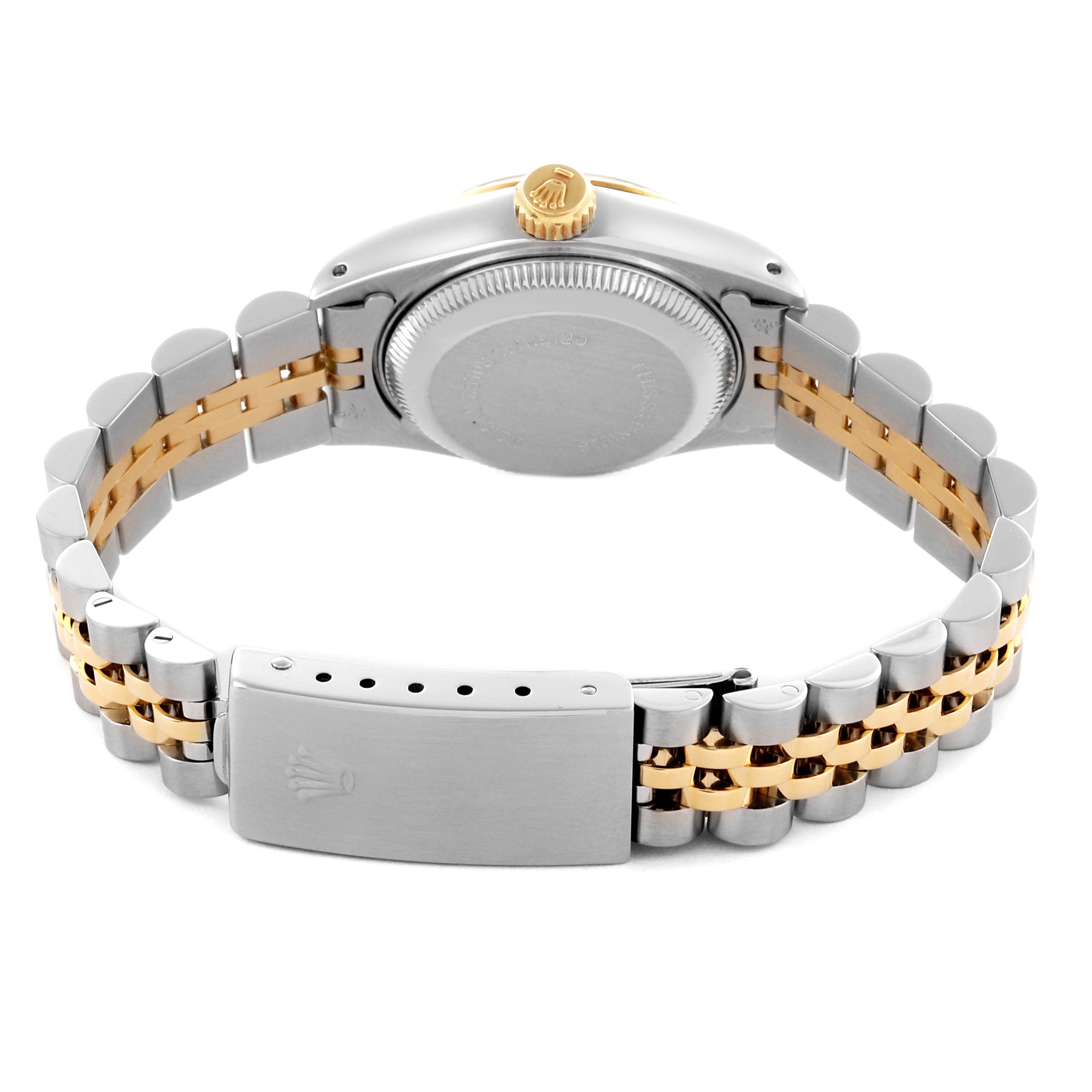 The image shows the back and bracelet of a Rolex Datejust 69173 Women's Steel and Gold (two tone) Champagne Dial 69173 Women's Steel and Gold (two tone) Champagne Dial watch with a gold and silver Jubilee strap.