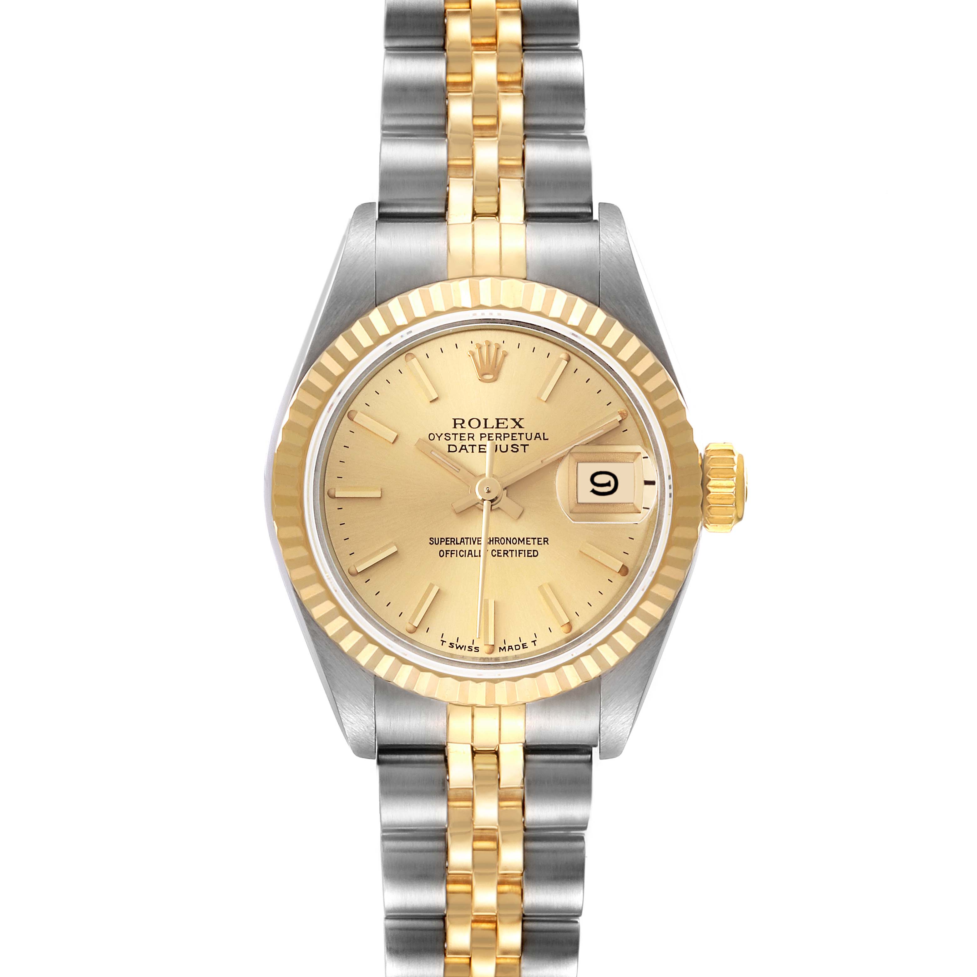 The image shows a Rolex Datejust 69173 Women's Steel and Gold (two tone) Champagne Dial 69173 Women's Steel and Gold (two tone) Champagne Dial watch from a front view, featuring a gold dial, fluted bezel, and two-tone metal bracelet.