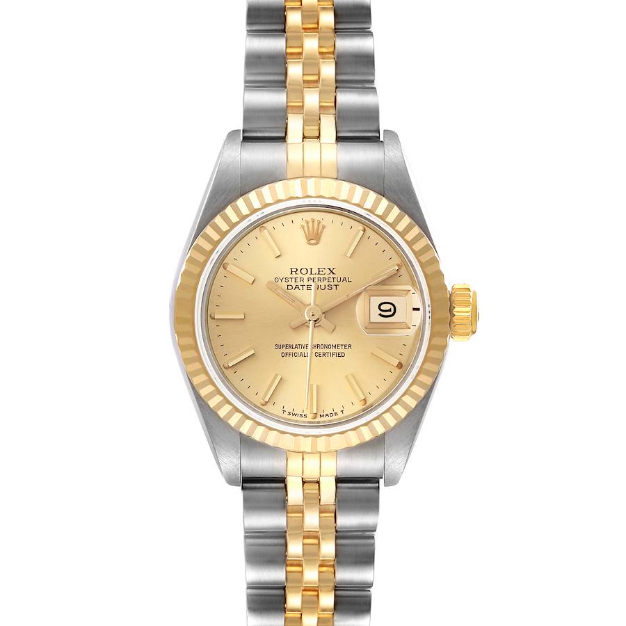 The image shows a Rolex Datejust watch from a front view, featuring a gold dial, fluted bezel, and two-tone metal bracelet.