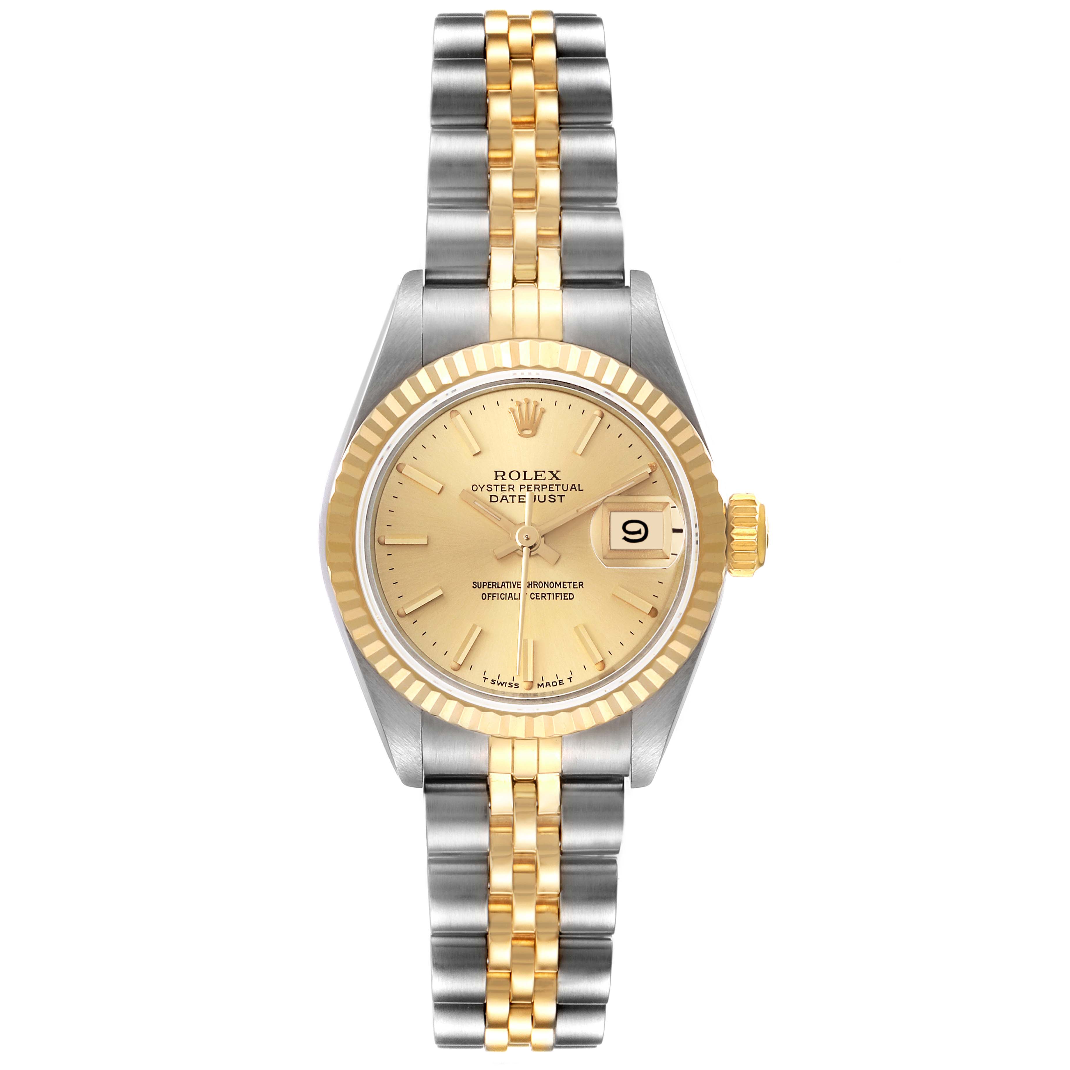 The Rolex Datejust 69173 Women's Steel and Gold (two tone) Champagne Dial 69173 Women's Steel and Gold (two tone) Champagne Dial watch is shown from a top-down angle, displaying the dial, case, bezel, and two-tone bracelet.