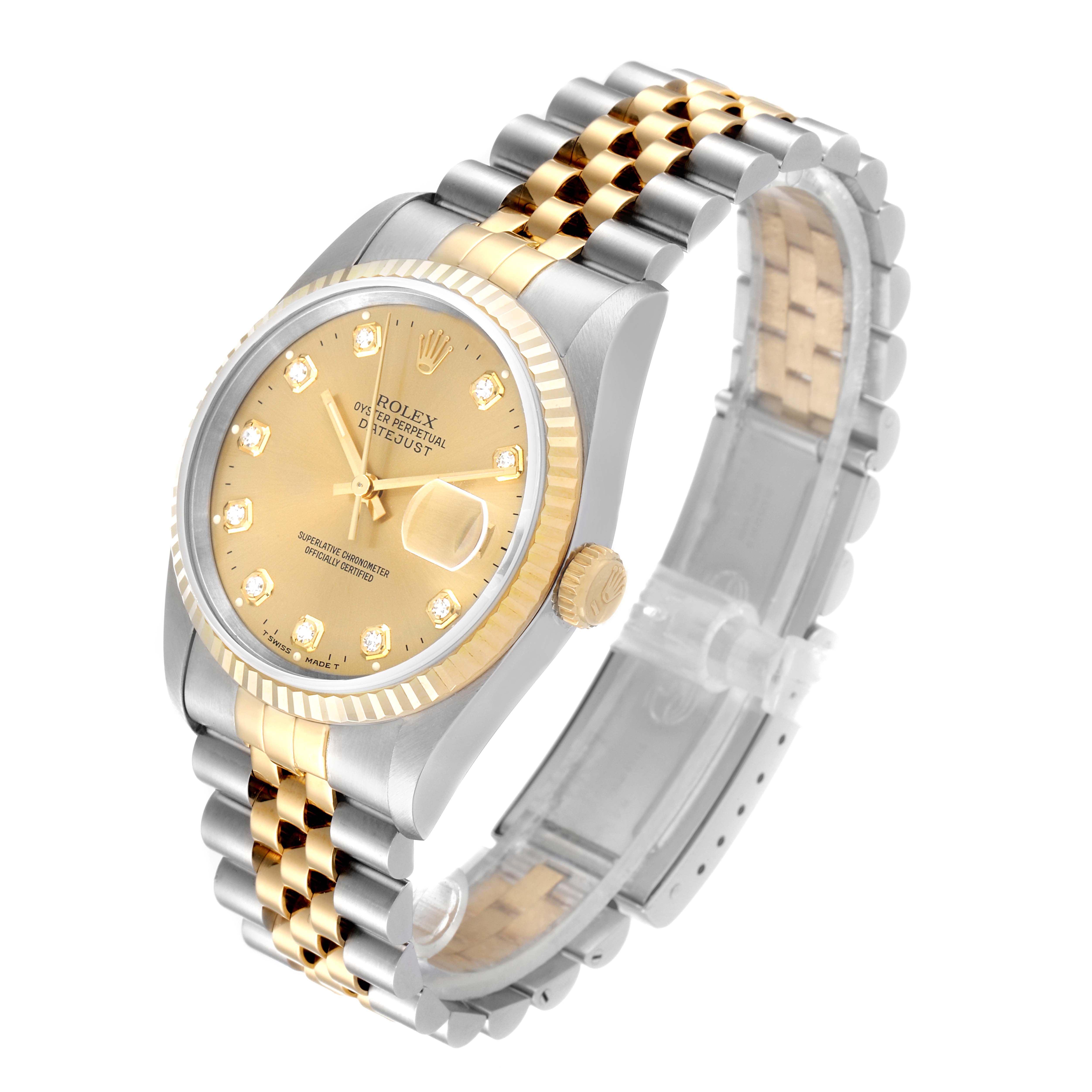 The image shows a Rolex Datejust 16233 Men
s Steel and Gold (two tone) Champagne Dial 16233 Men
s Steel and Gold (two tone) Champagne Dial watch at an oblique angle highlighting its gold and steel bracelet, champagne dial, and fluted bezel.