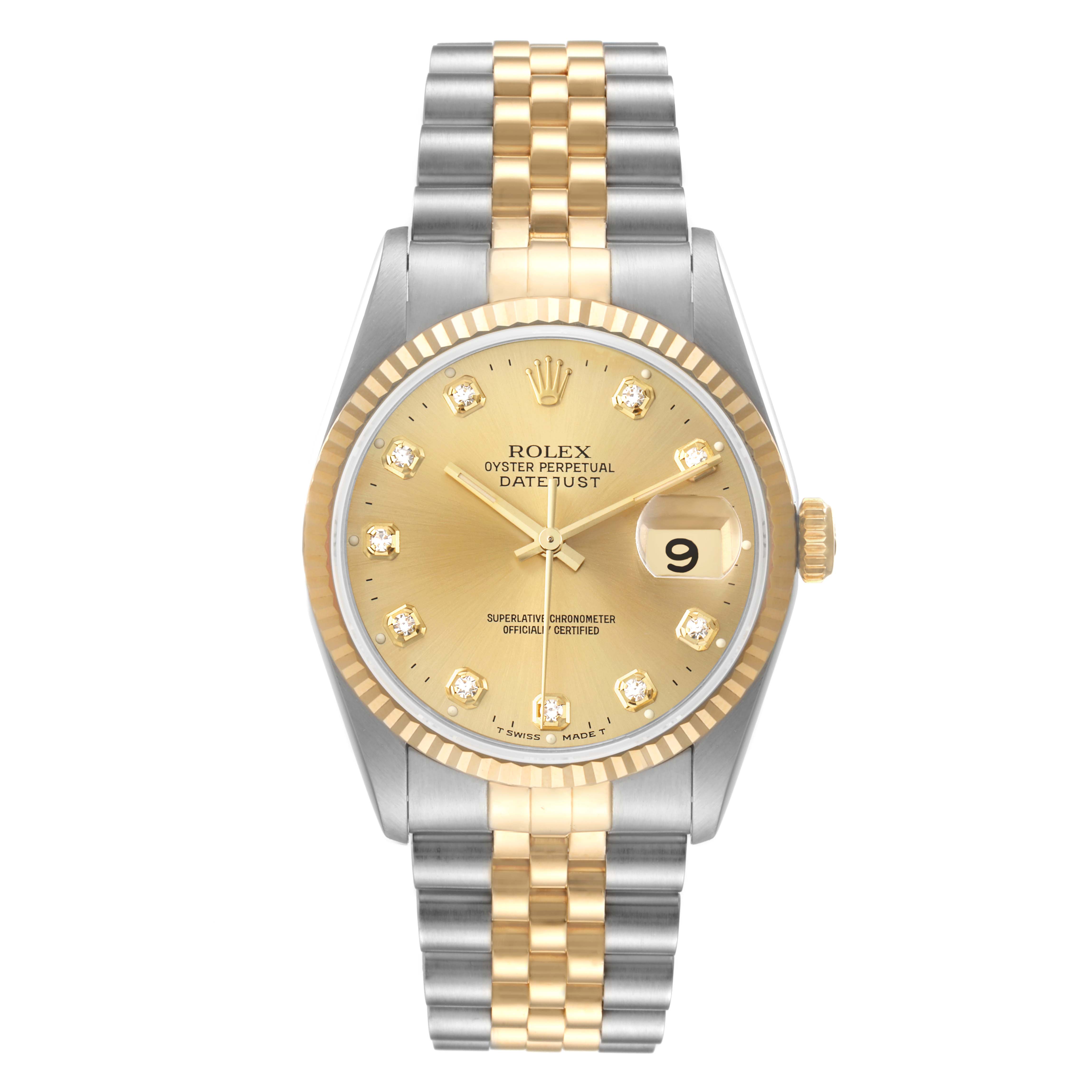 The image shows a Rolex Datejust 16233 Men
s Steel and Gold (two tone) Champagne Dial 16233 Men
s Steel and Gold (two tone) Champagne Dial watch from a frontal angle, highlighting its champagne dial, fluted bezel, and two-tone Jubilee bracelet.