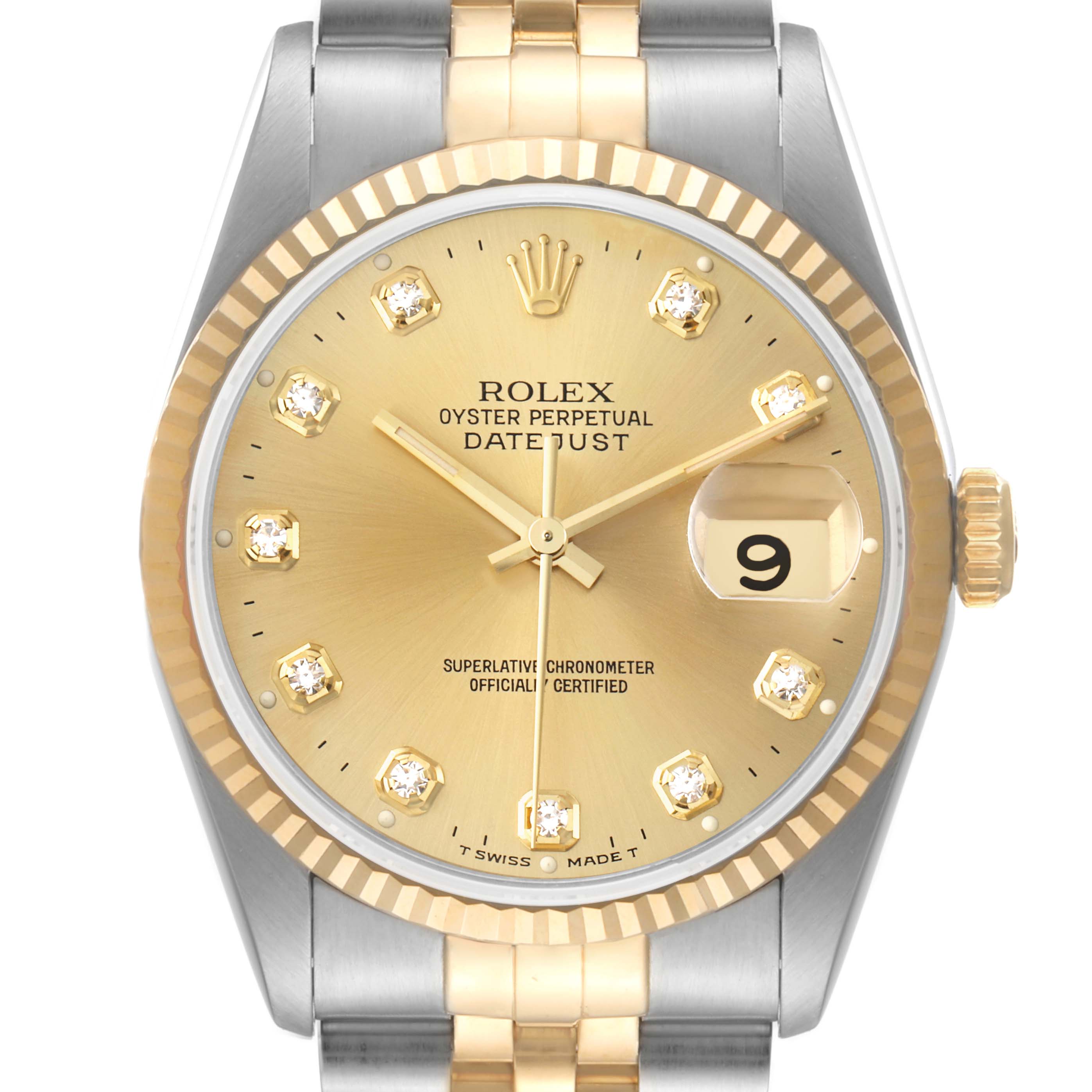The image shows a front view of the gold dial and two-tone bracelet of the Rolex Datejust 16233 Men
s Steel and Gold (two tone) Champagne Dial 16233 Men
s Steel and Gold (two tone) Champagne Dial.