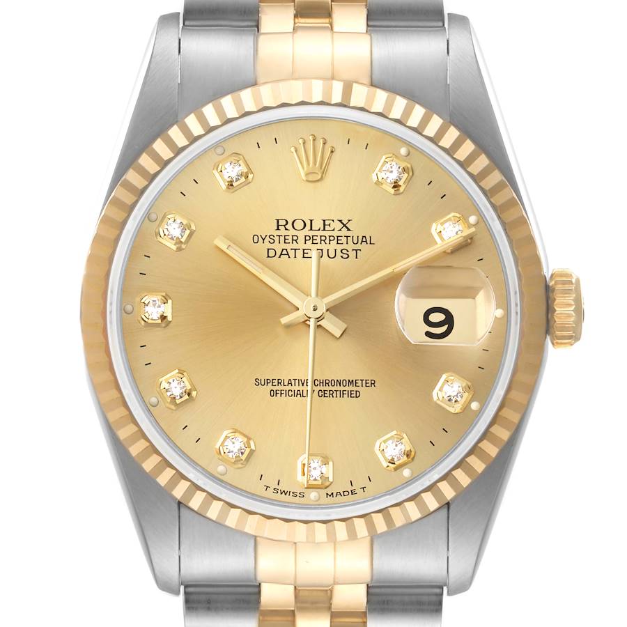 Rolex Datejust Steel Yellow Gold Champagne Diamond Dial Watch 16233 Box Papers SwissWatchExpo