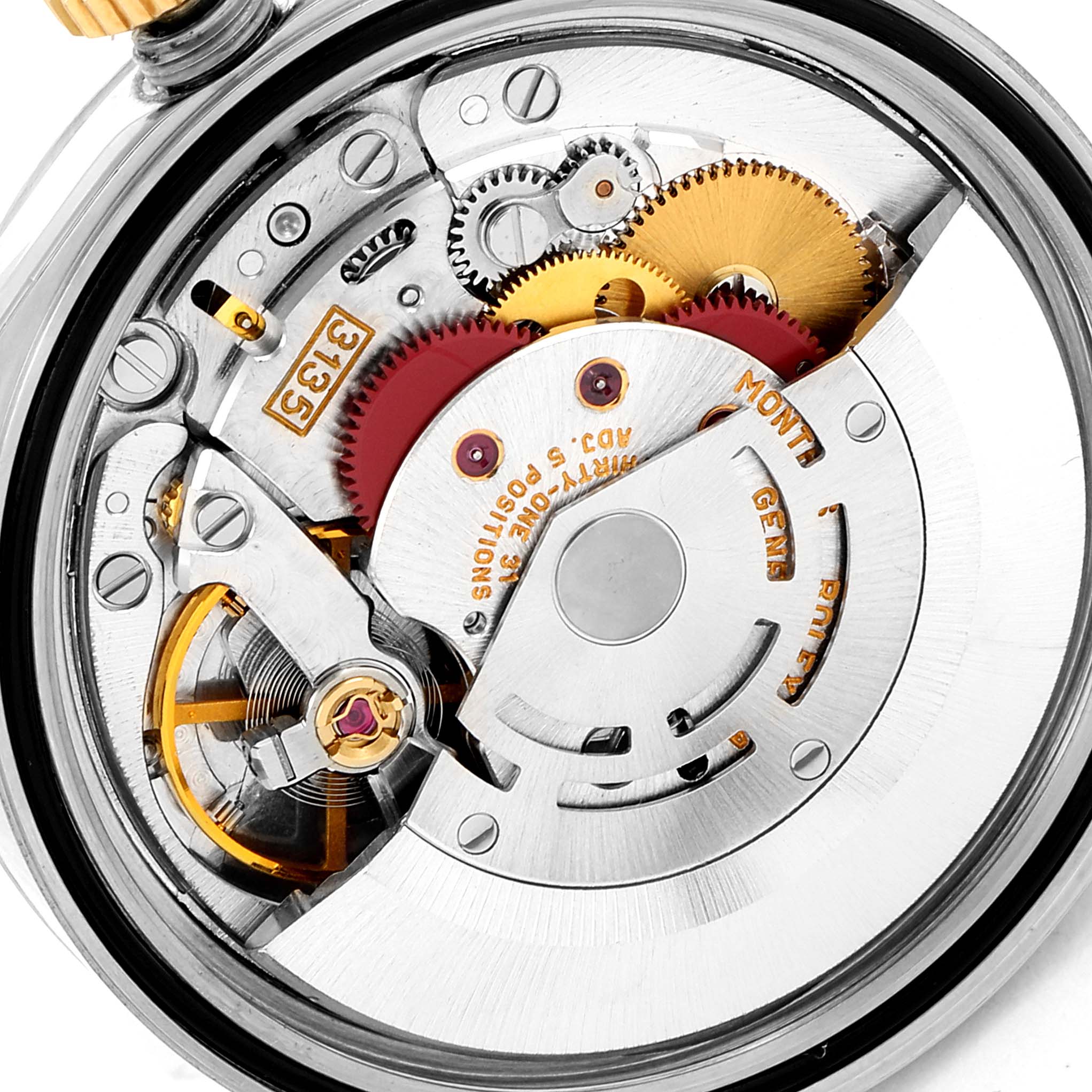 This image shows the intricate inner movement and gears of a Rolex Datejust 16233 Men
s Steel and Gold (two tone) Champagne Dial 16233 Men
s Steel and Gold (two tone) Champagne Dial watch.