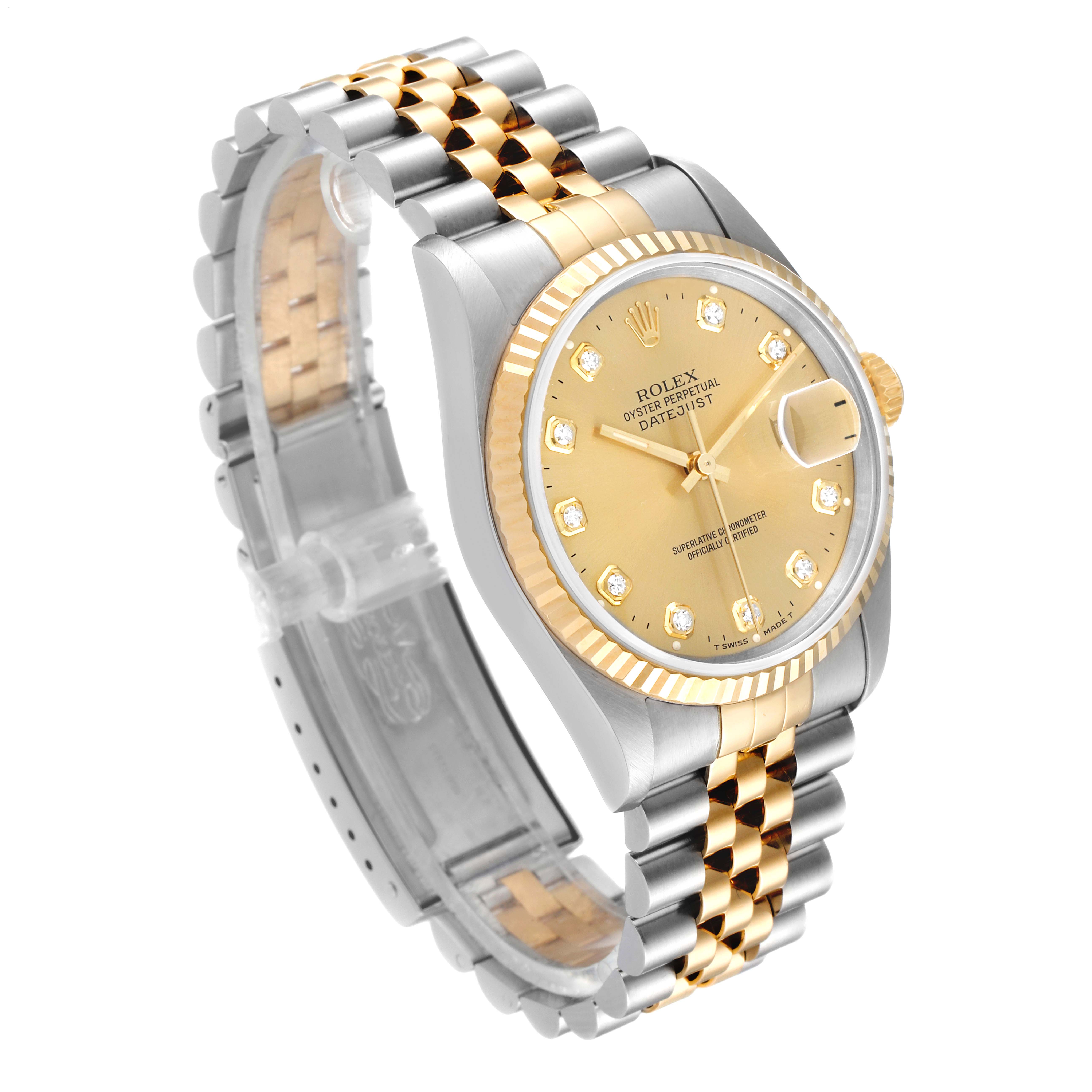 This image shows a Rolex Datejust 16233 Men
s Steel and Gold (two tone) Champagne Dial 16233 Men
s Steel and Gold (two tone) Champagne Dial watch from an angled perspective, highlighting its gold and silver bracelet, fluted bezel, and champagne dial.