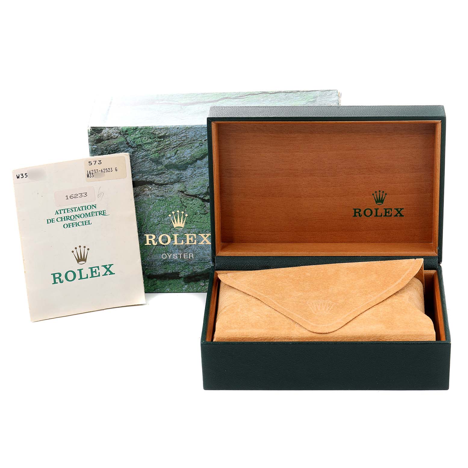 The image shows a Rolex Datejust 16233 Men
s Steel and Gold (two tone) Champagne Dial 16233 Men
s Steel and Gold (two tone) Champagne Dial watch box, certificate, and outer box from a straight-on angle.
