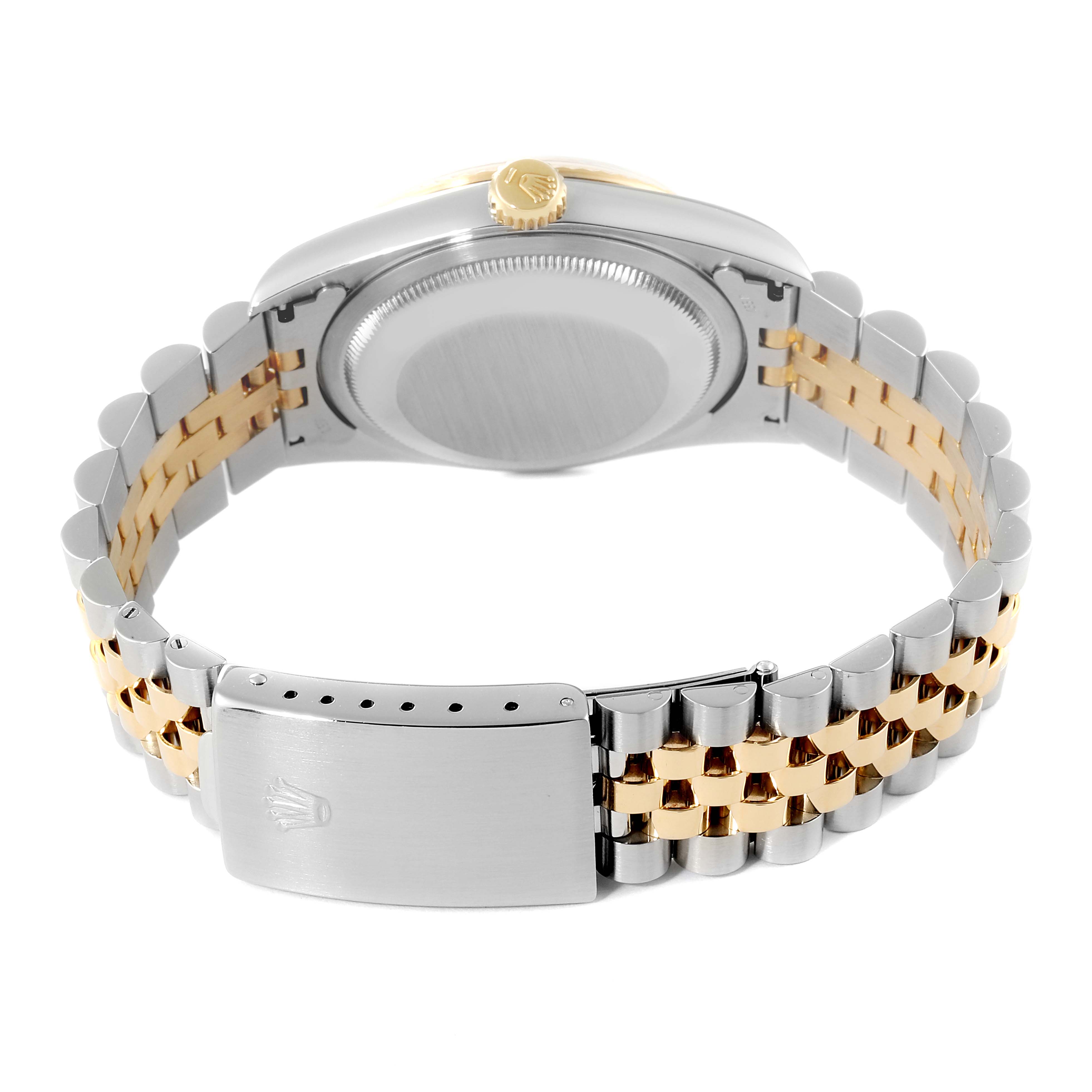 The image shows the back view of the Rolex Datejust 16233 Men
s Steel and Gold (two tone) Champagne Dial 16233 Men
s Steel and Gold (two tone) Champagne Dial watch, including the clasp, bracelet, and case back.