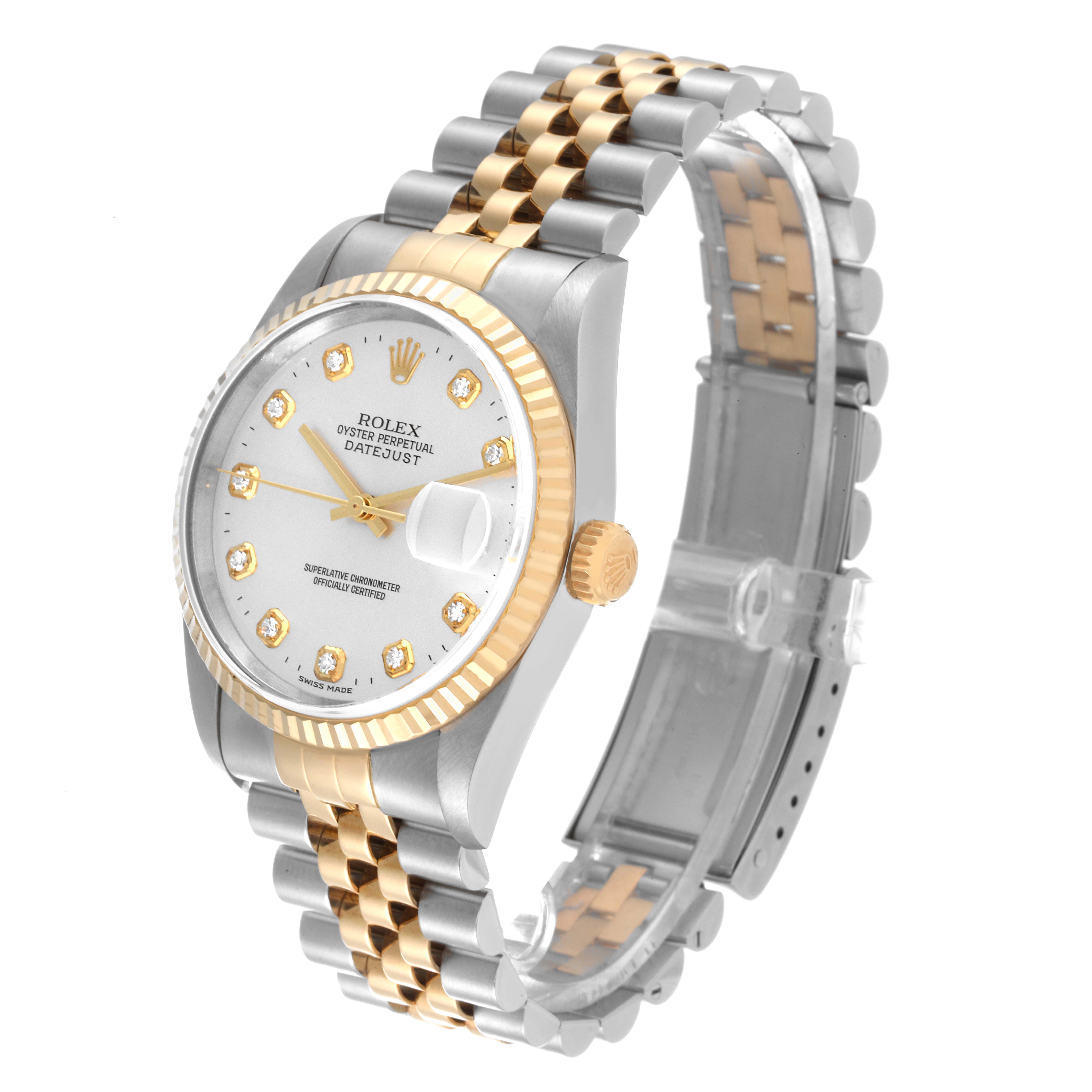 The image shows a Rolex Datejust 16233 Men's Steel and Gold (two tone) Silver Dial 16233 Men's Steel and Gold (two tone) Silver Dial watch at an angle showcasing the dial, bezel, crown, and part of the bracelet.