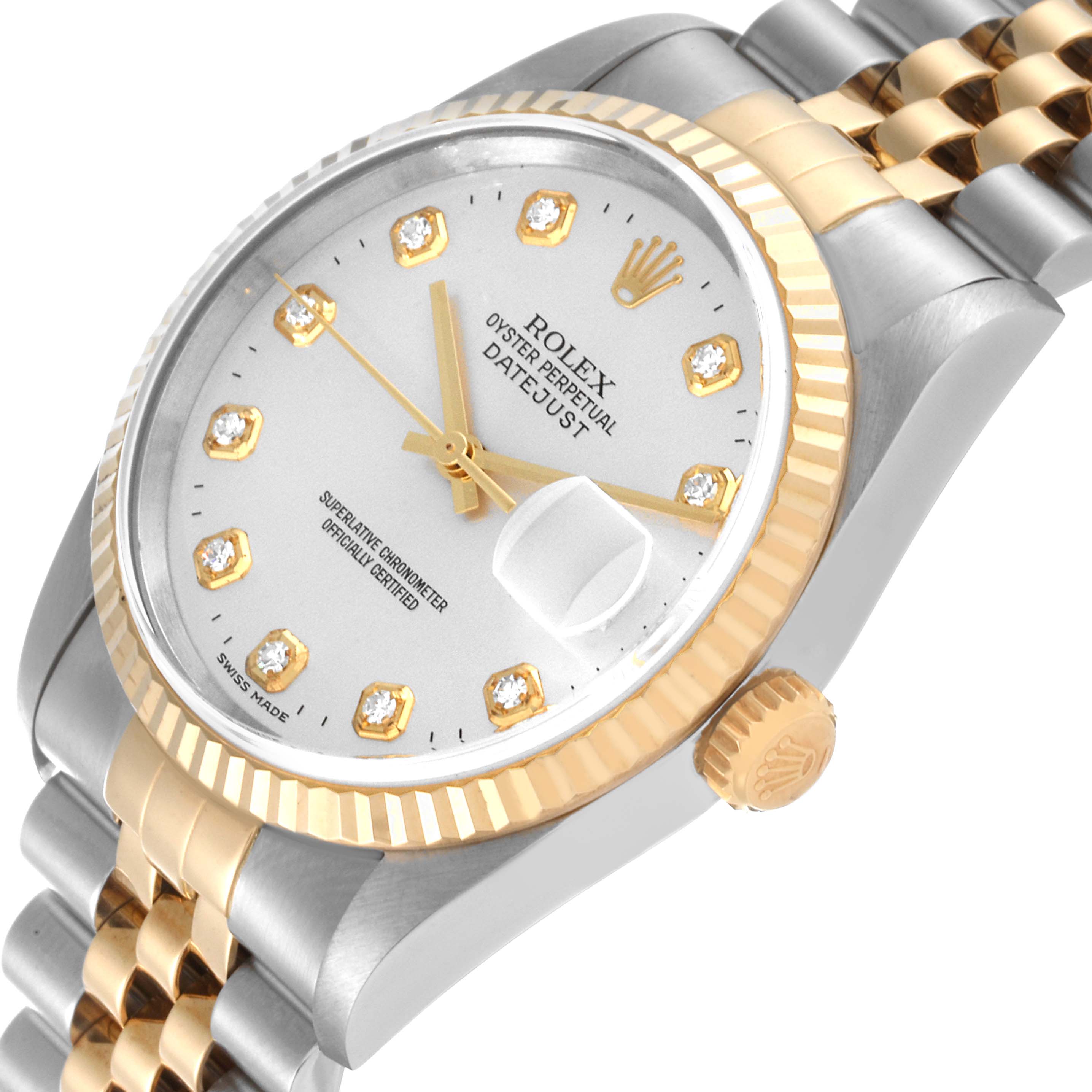 This image shows a close-up at a slight angle of the Rolex Datejust 16233 Men's Steel and Gold (two tone) Silver Dial 16233 Men's Steel and Gold (two tone) Silver Dial watch, highlighting its dial, bezel, and part of the bracelet.