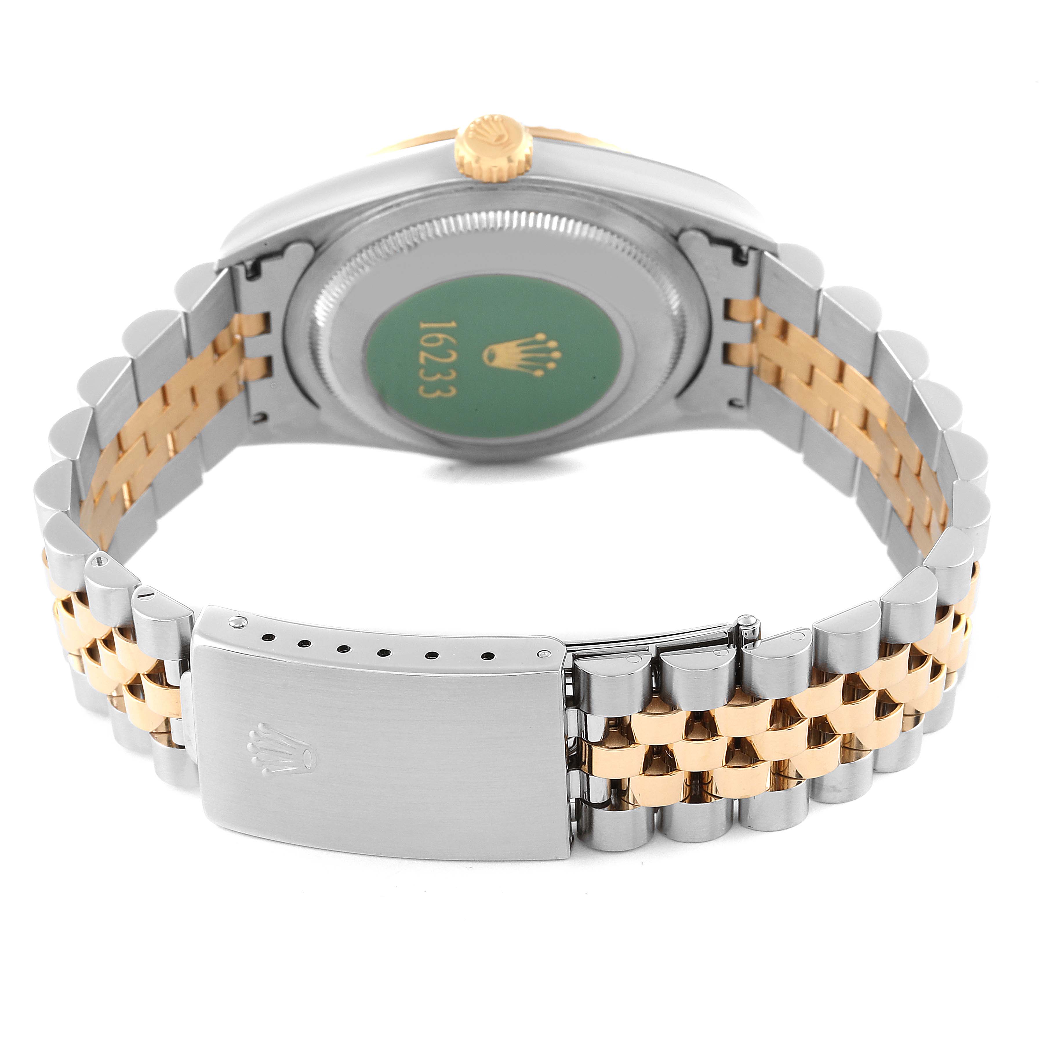 The image shows the back and clasp of a Rolex Datejust 16233 Men's Steel and Gold (two tone) Silver Dial 16233 Men's Steel and Gold (two tone) Silver Dial watch, highlighting the two-tone bracelet and case back.