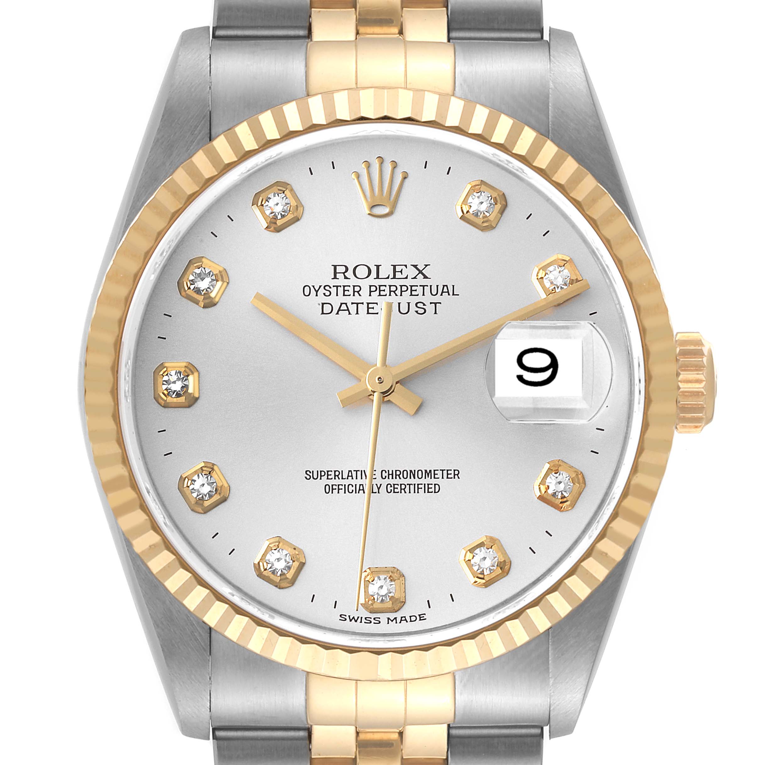 This image shows a front view of the Rolex Datejust 16233 Men's Steel and Gold (two tone) Silver Dial 16233 Men's Steel and Gold (two tone) Silver Dial, highlighting its gold bezel and diamond hour markers.