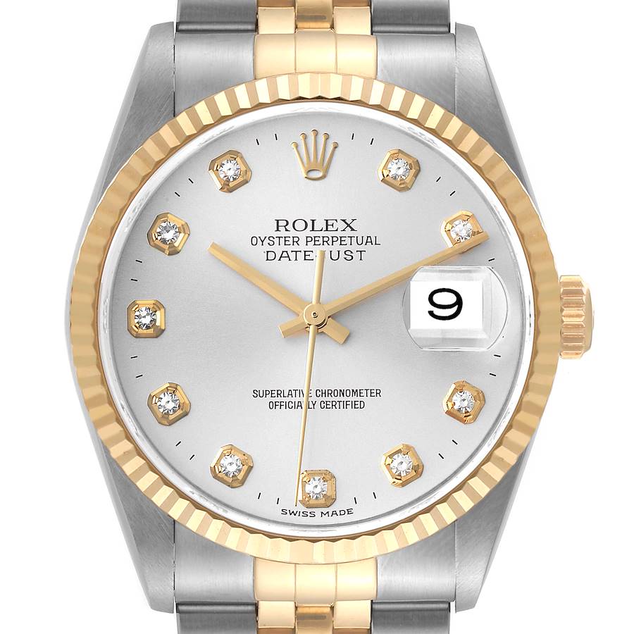 Rolex Datejust Steel Yellow Gold Silver Diamond Dial Mens Watch 16233 SwissWatchExpo