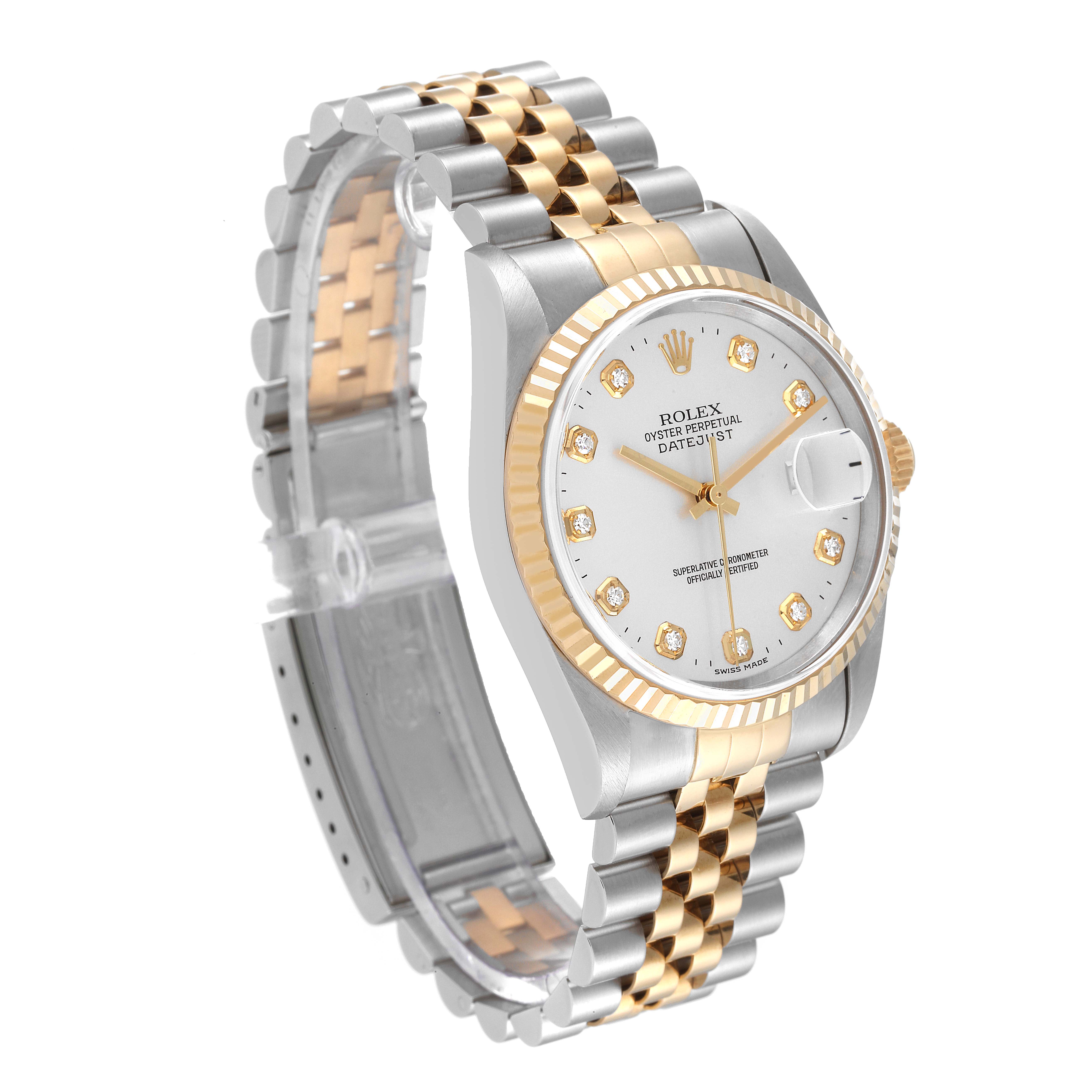 This Rolex Datejust 16233 Men's Steel and Gold (two tone) Silver Dial 16233 Men's Steel and Gold (two tone) Silver Dial watch is shown at an oblique angle, highlighting its face, bezel, and two-tone bracelet.