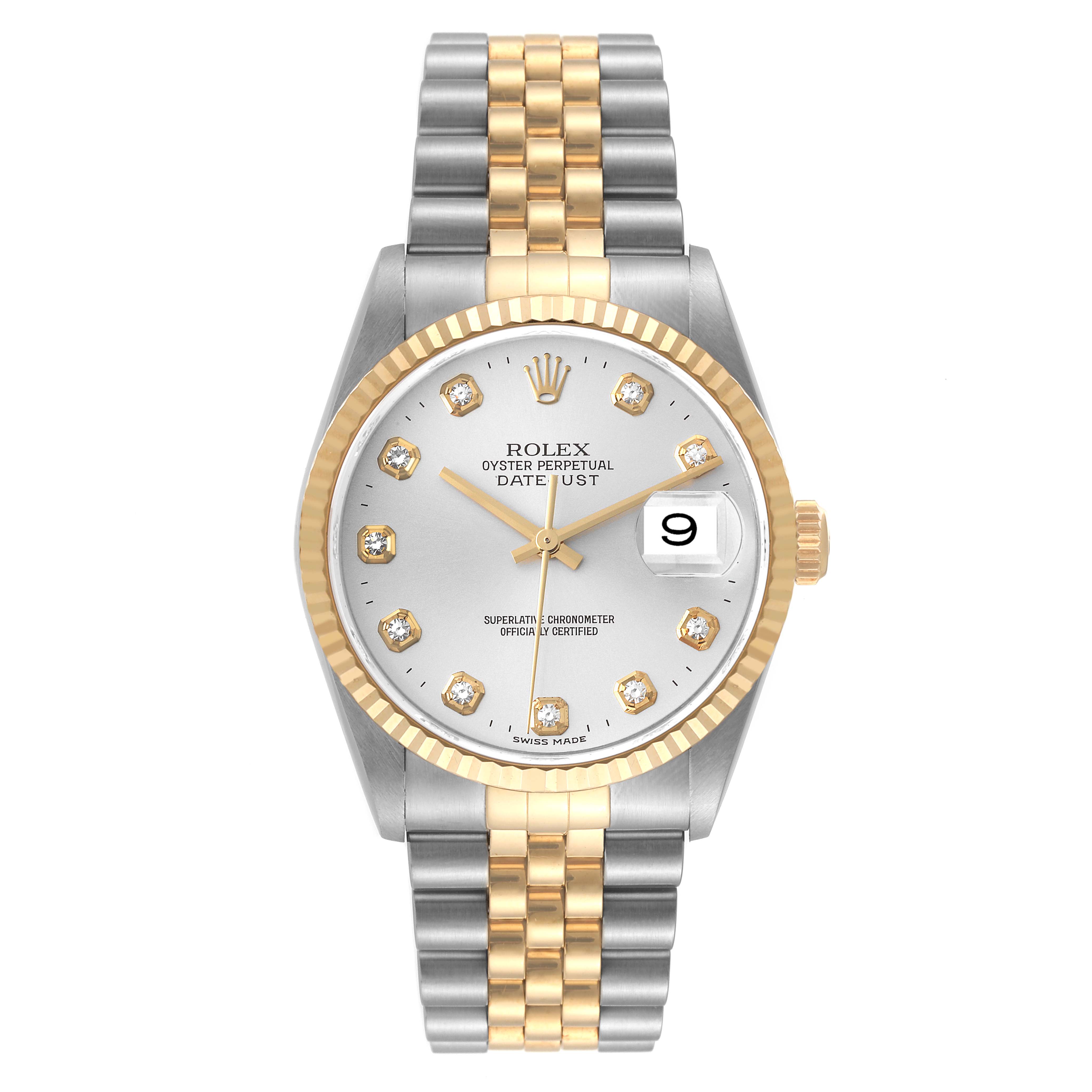 The image shows a Rolex Datejust 16233 Men's Steel and Gold (two tone) Silver Dial 16233 Men's Steel and Gold (two tone) Silver Dial model watch from a front angle, featuring a two-tone bracelet, fluted bezel, and diamond hour markers.