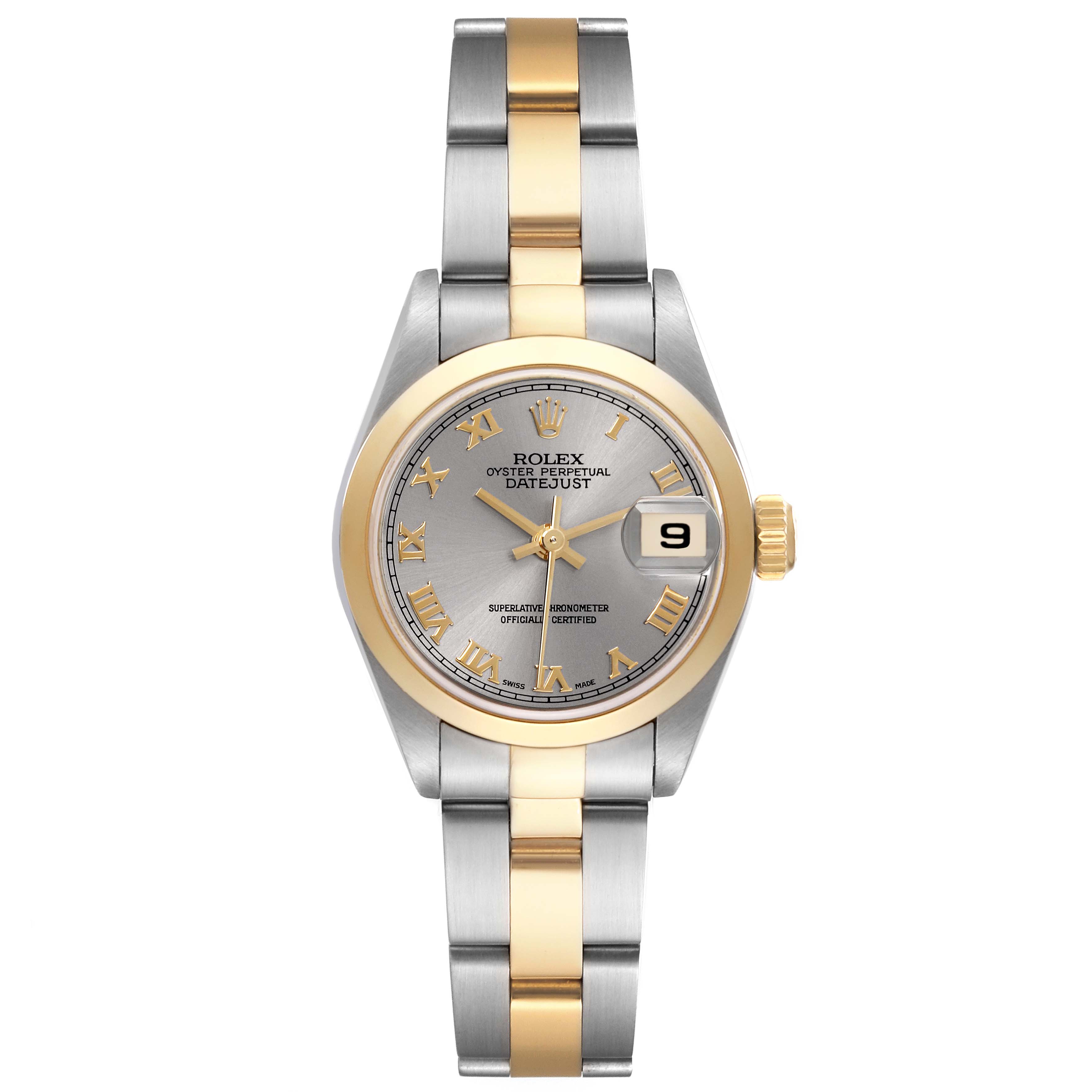 The Rolex Datejust 79163 Women's Steel and Gold (two tone) Grey Dial 79163 Women's Steel and Gold (two tone) Grey Dial watch is shown from a front view, displaying the dial, bezel, bracelet, and date feature.