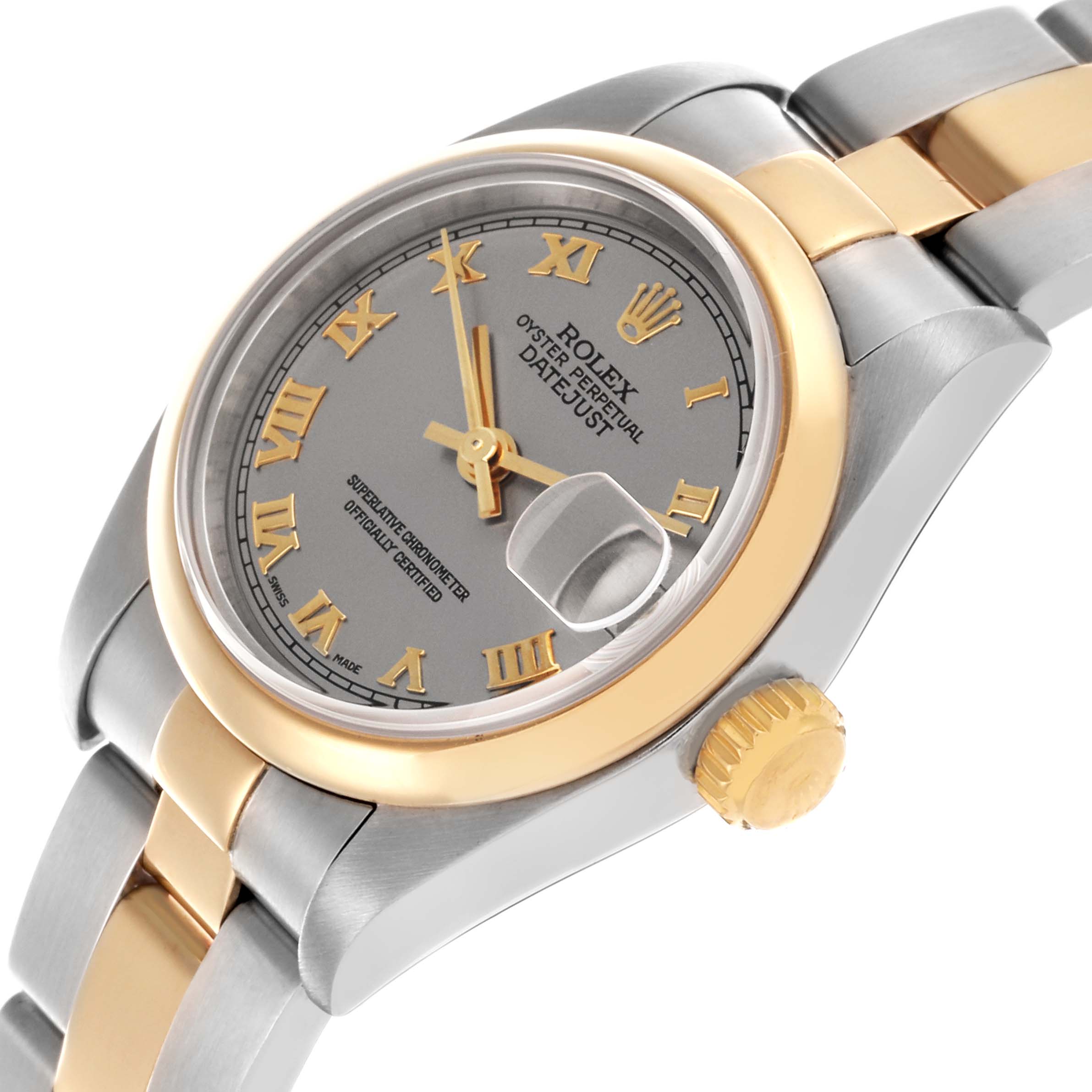 The Rolex Datejust 79163 Women's Steel and Gold (two tone) Grey Dial 79163 Women's Steel and Gold (two tone) Grey Dial is shown at a slight angle, highlighting the gold and silver bracelet, crown, dial, and bezel.