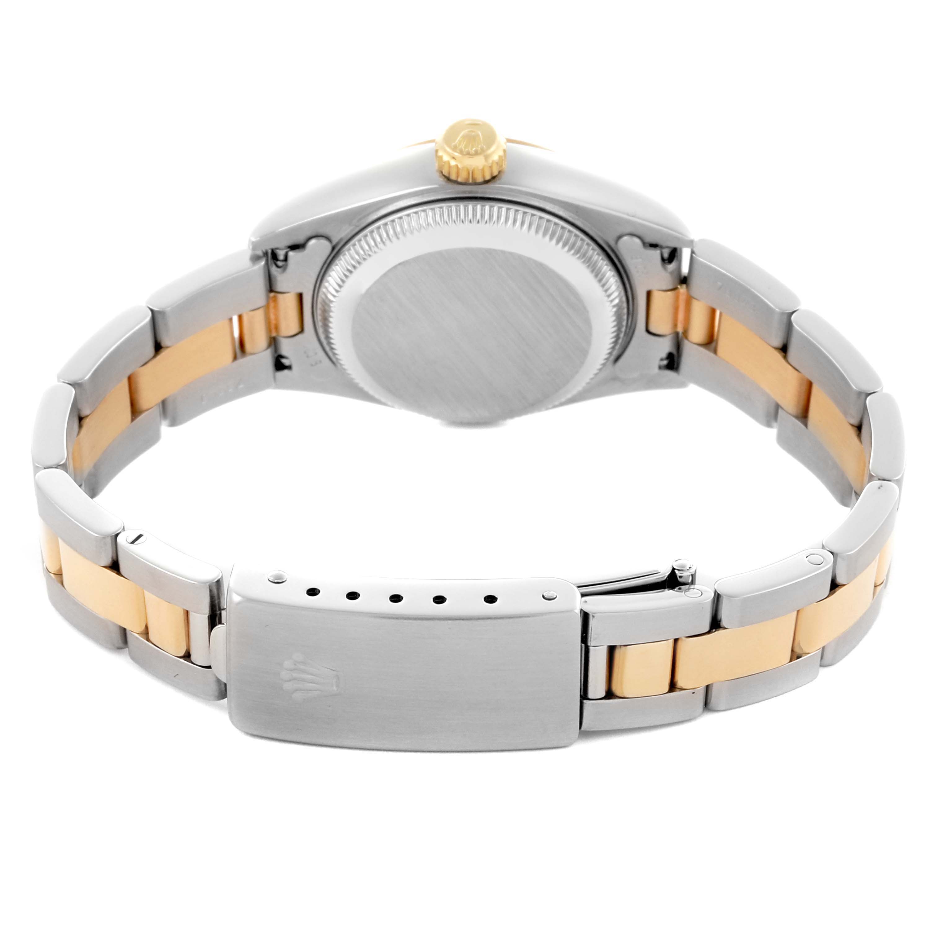 The image shows the back of a Rolex Datejust 79163 Women's Steel and Gold (two tone) Grey Dial 79163 Women's Steel and Gold (two tone) Grey Dial watch, highlighting the clasp, bracelet, and case back.
