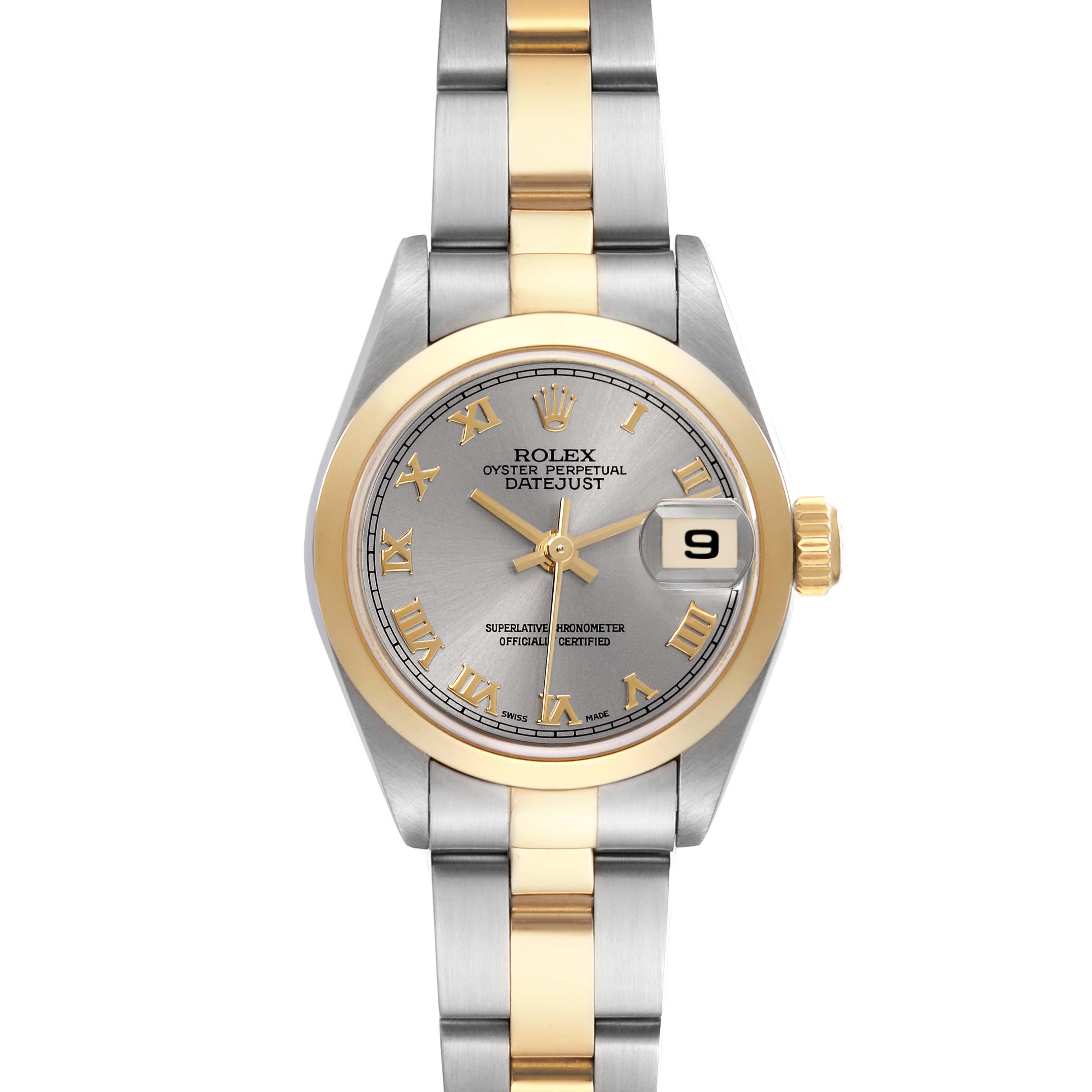 The Rolex Datejust 79163 Women's Steel and Gold (two tone) Grey Dial 79163 Women's Steel and Gold (two tone) Grey Dial watch is shown from a front angle, highlighting its dial, bezel, and bracelet.