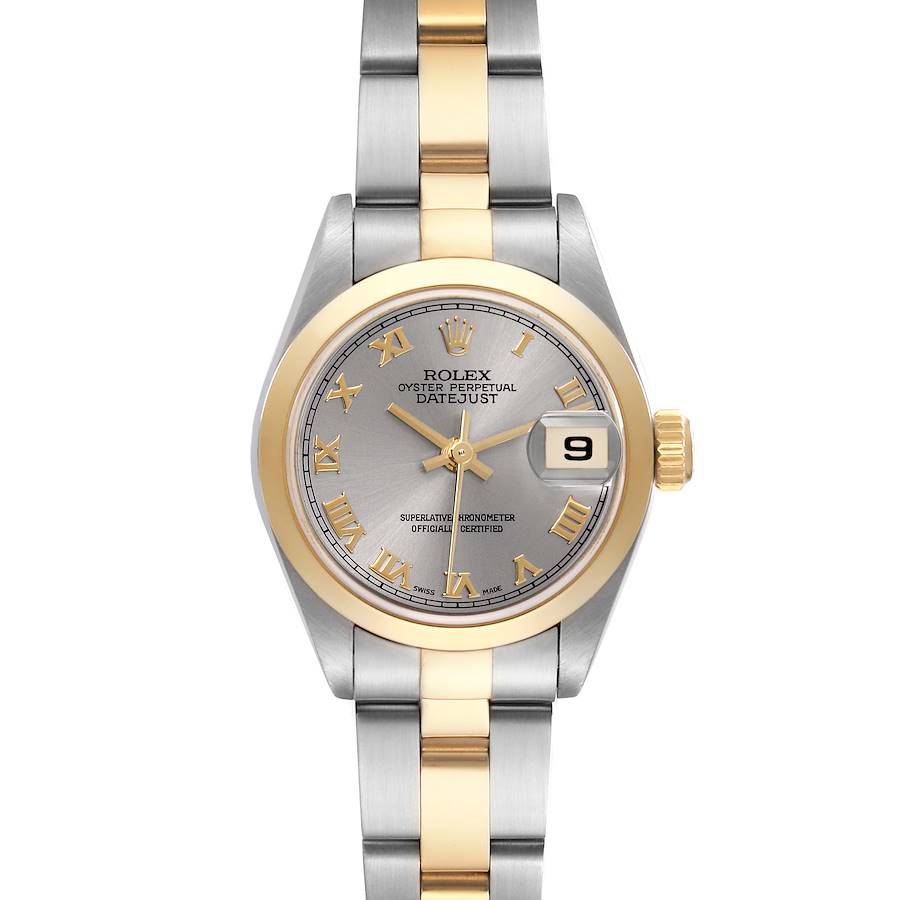 The Rolex Datejust watch is shown from a front angle, highlighting its dial, bezel, and bracelet.