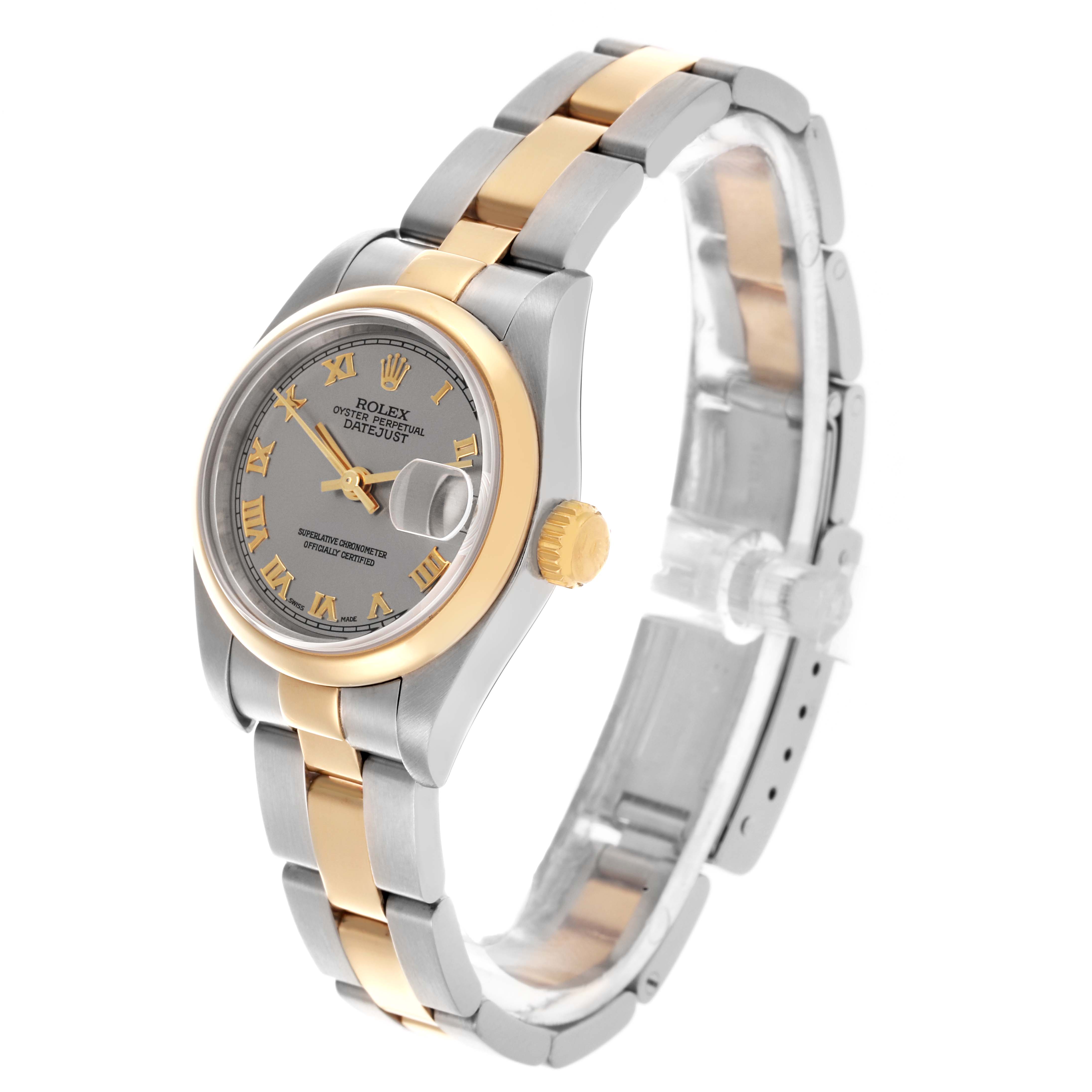 The Rolex Datejust 79163 Women's Steel and Gold (two tone) Grey Dial 79163 Women's Steel and Gold (two tone) Grey Dial watch is shown at a three-quarter angle, highlighting the dial, bezel, case, crown, and bracelet.