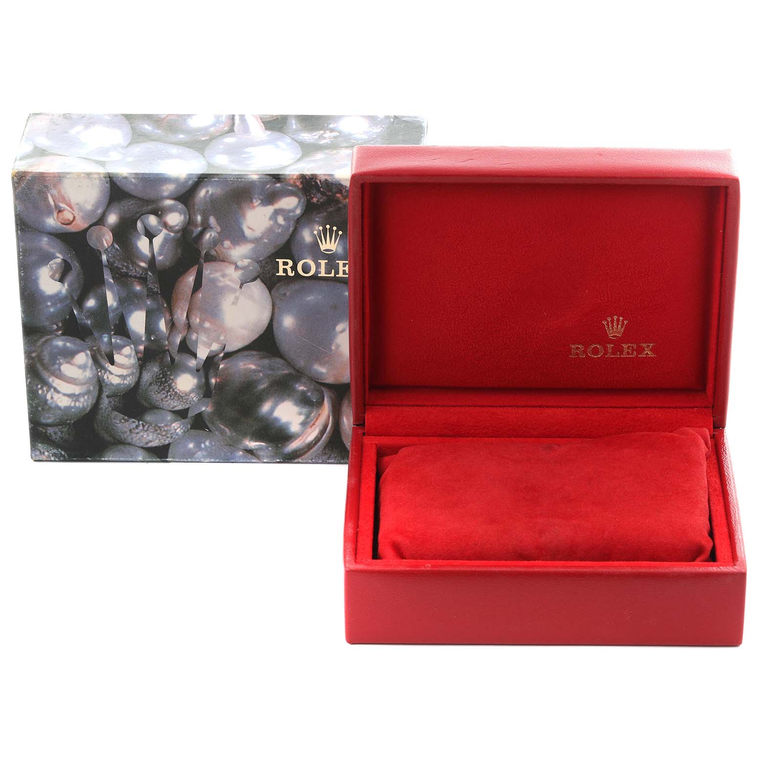 The image shows a Rolex Datejust 79163 Women's Steel and Gold (two tone) Grey Dial 79163 Women's Steel and Gold (two tone) Grey Dial box, including an outer patterned box and a red inner box with a cushion, angled slightly from the front.