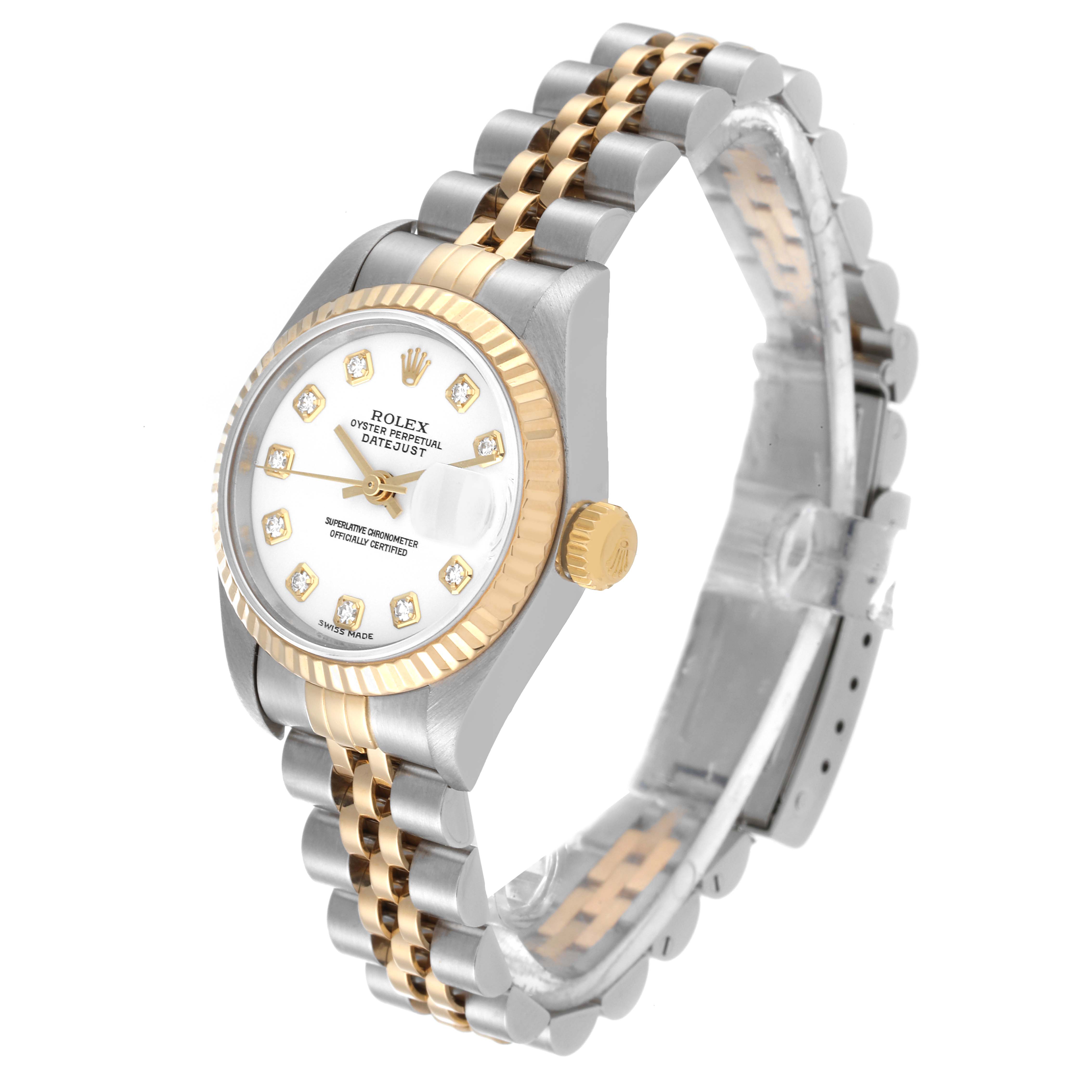 The image shows a Rolex Datejust 79173 Women's Steel and Gold (two tone) White Dial 79173 Women's Steel and Gold (two tone) White Dial watch at a slight angle, revealing the dial, fluted bezel, crown, and two-tone Jubilee bracelet.