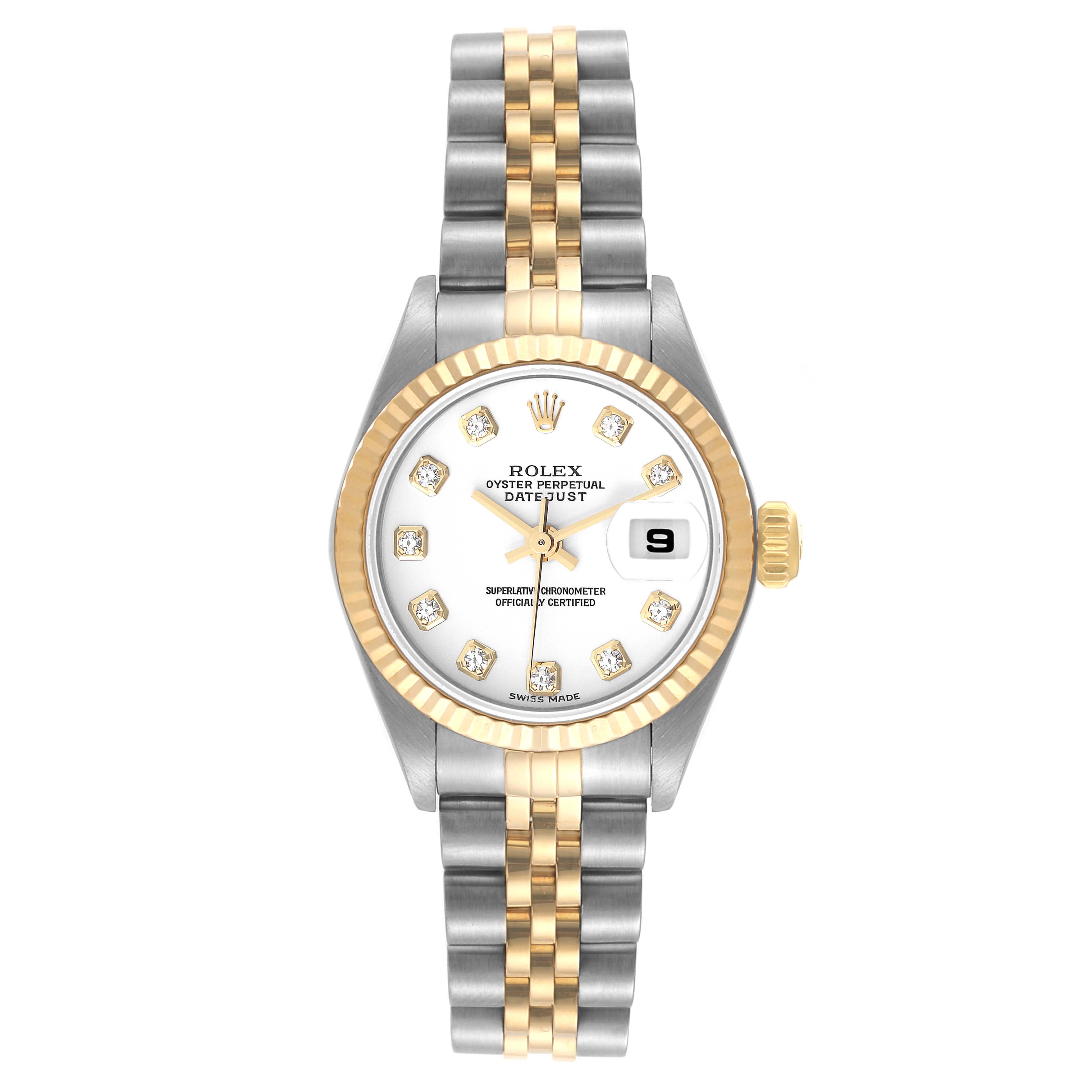 This Rolex Datejust 79173 Women's Steel and Gold (two tone) White Dial 79173 Women's Steel and Gold (two tone) White Dial watch is shown from a top-down angle, highlighting the face, bezel, and bracelet.