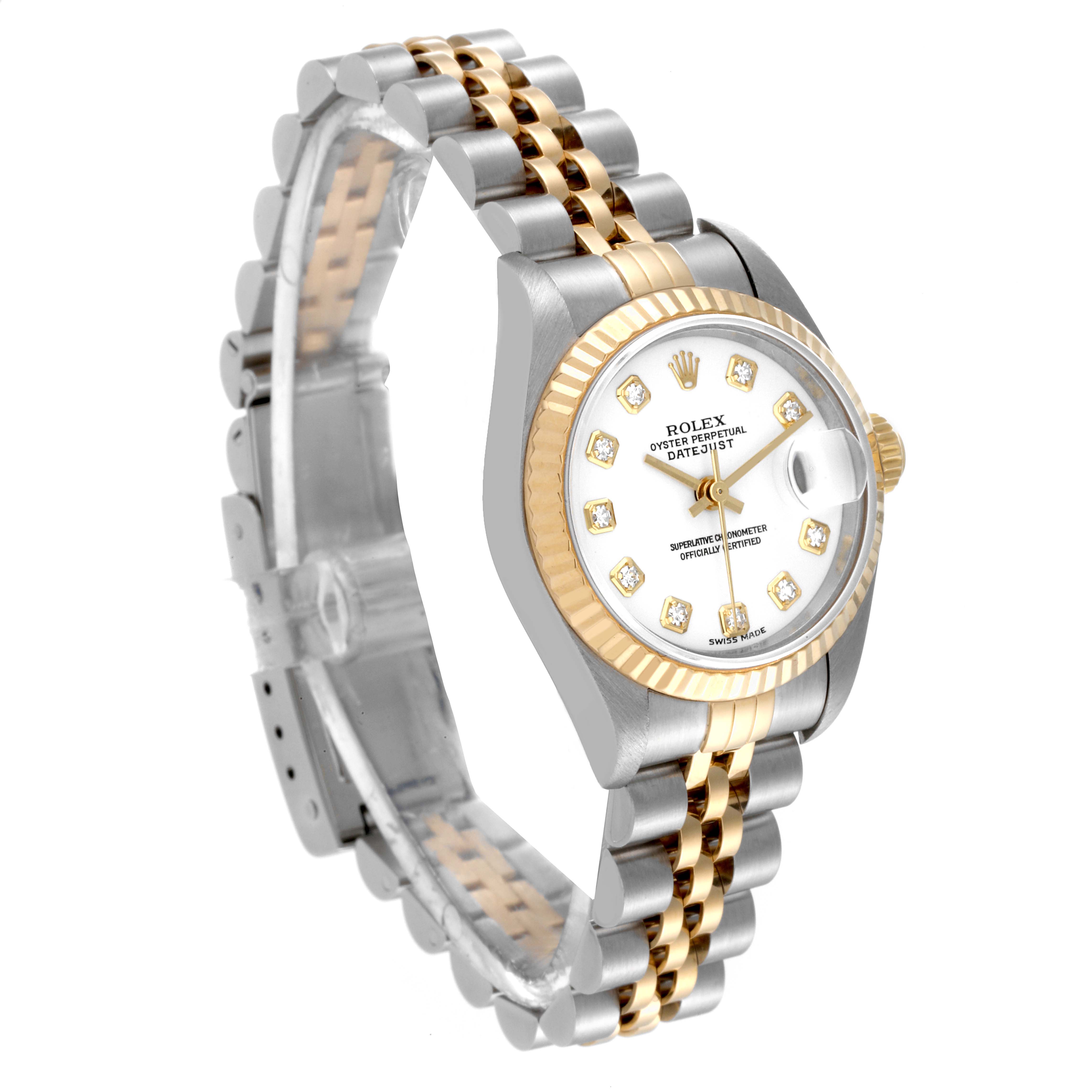 This image shows a side view of a Rolex Datejust 79173 Women's Steel and Gold (two tone) White Dial 79173 Women's Steel and Gold (two tone) White Dial watch, featuring a two-tone bracelet, fluted bezel, and diamond-accented dial.